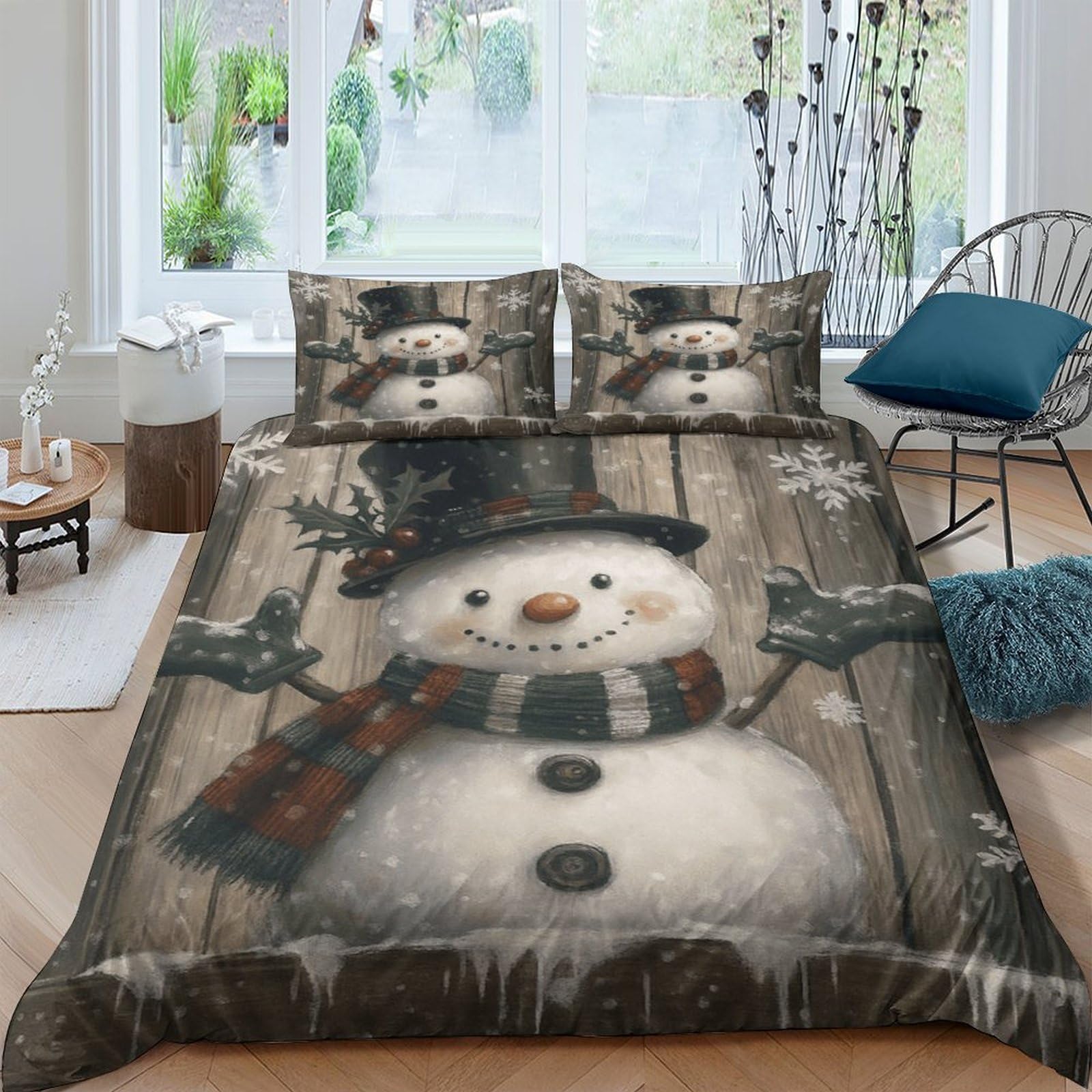 Ctjqhvkz Style-3 3D Printed Snowman Rustic Wood Fitted Sheet Microfiber Winter Scarf Mattress Cover For Bedroom Guest Room Decor Single（135X200cm）