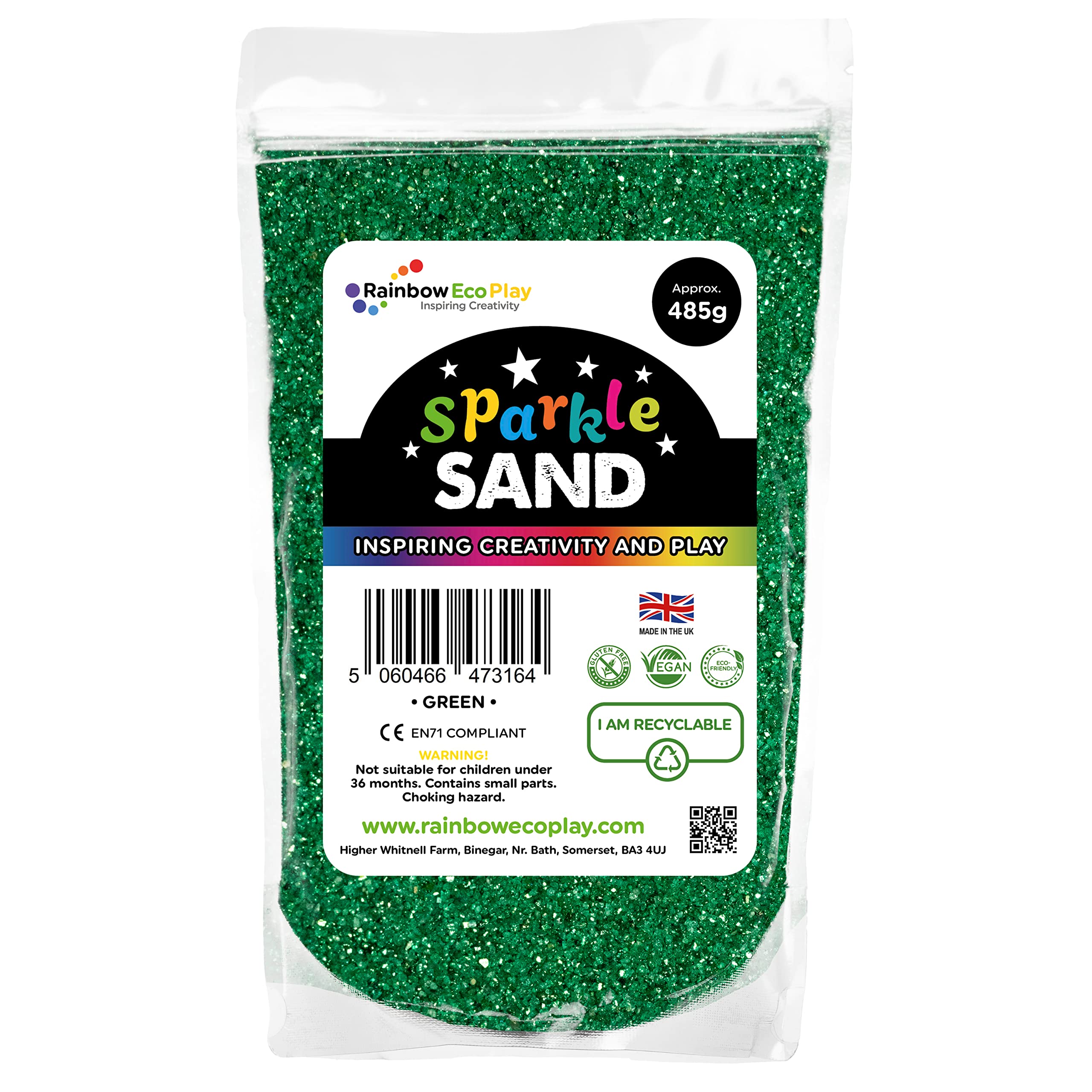 Rainbow Eco Play – Sand Art - Arts and Crafts – Eco Friendly - No Plastic - Decorative Craft Coloured Sparkle Glitter Sand – Fine Play Sand for Kids Children - 485g - Green