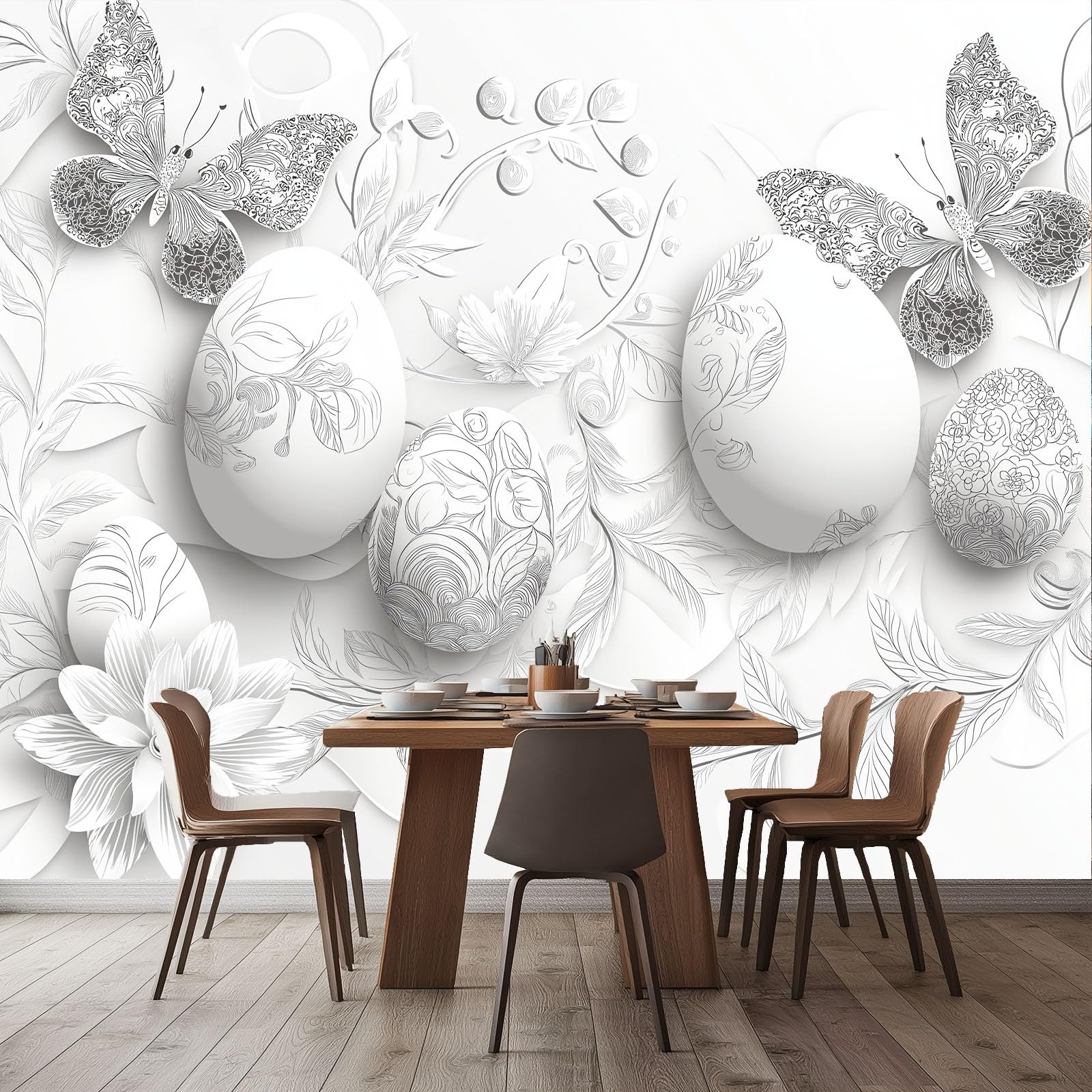 Tapeta Rośliny Motyle Pisanki Fototapety Włóknina, 350 x 256 cm Fototapety Dekoracja ścienna Tapeta Niestandardowa włóknina do salonu Sypialnia, Biały Srebrny