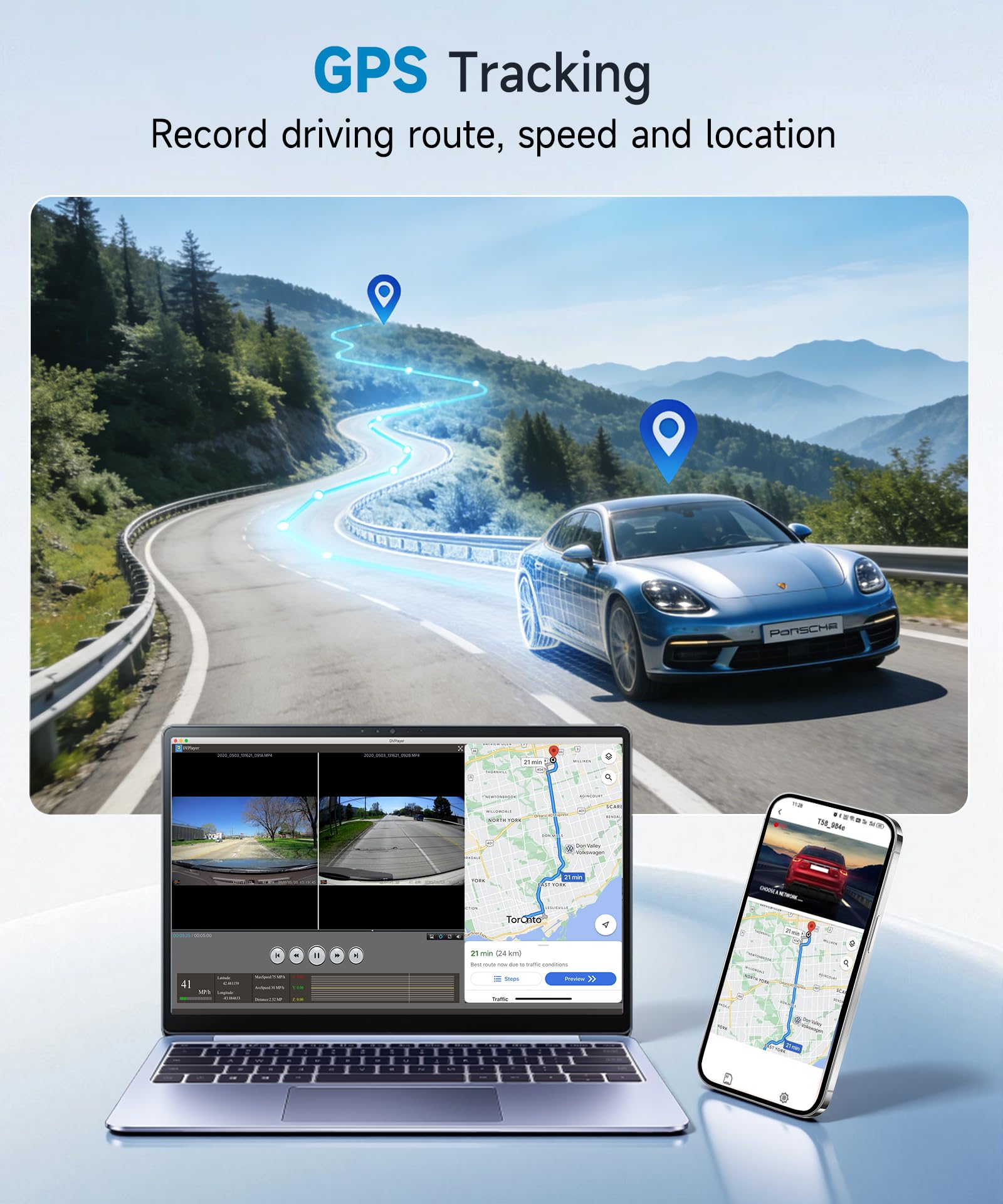 VECHTEL Kamera samochodowa 4K Wi-Fi z aplikacją 1080p, kamera samochodowa, ekran IPS 3,16", kamera na deskę rozdzielczą z ultra noktowizorem, karta 64 GB, monitorowanie parkowania 24 h, czujnik G