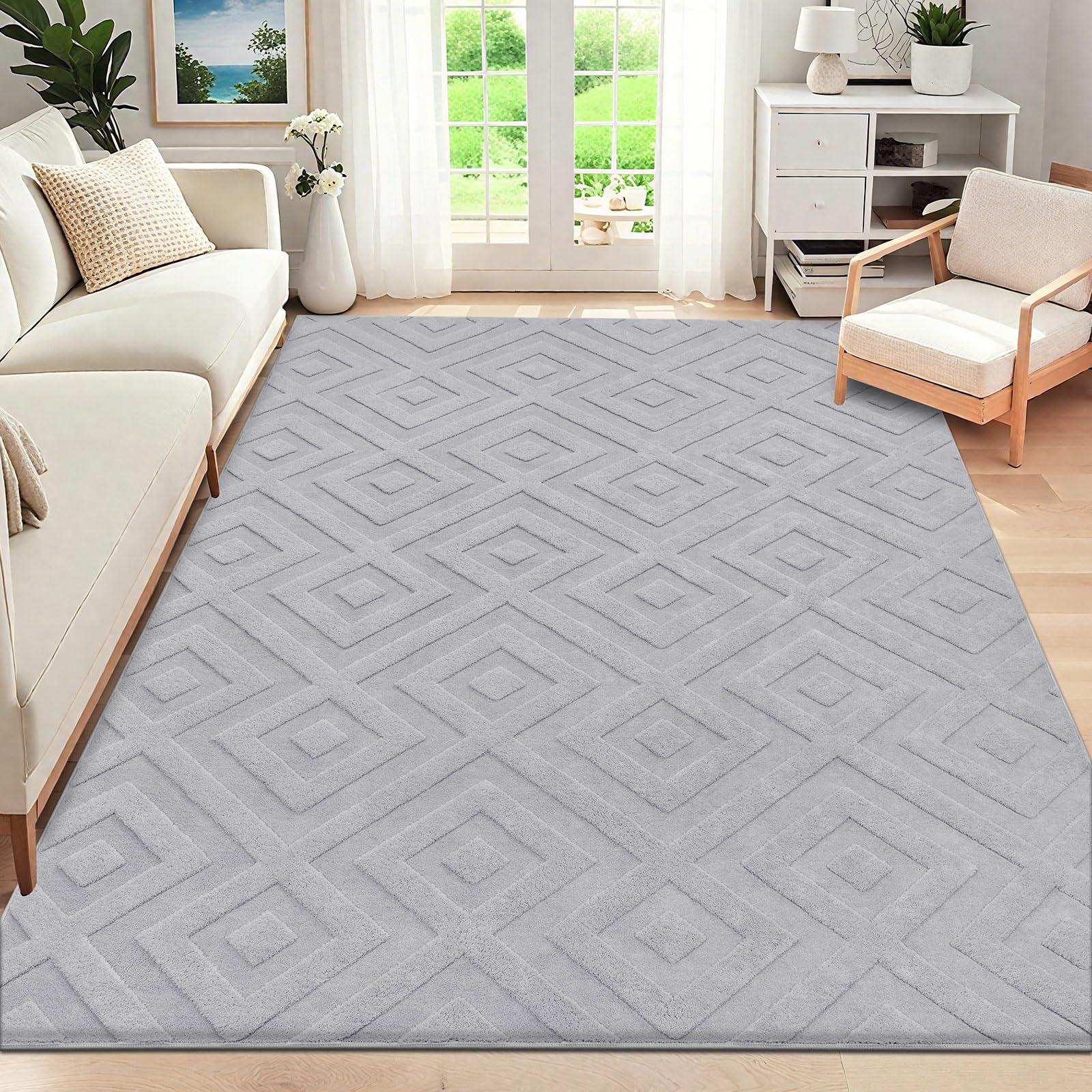 SHACOS Tappeto Camera da Letto Grigio Chiaro, Morbido Tappeti Salotto Moderni Grande 160 x 230 cm, Antiscivolo Tappeto Lavabile in Lavatrice per Cameretta, Cucina, Geometrico Minimalista Rombo 3D