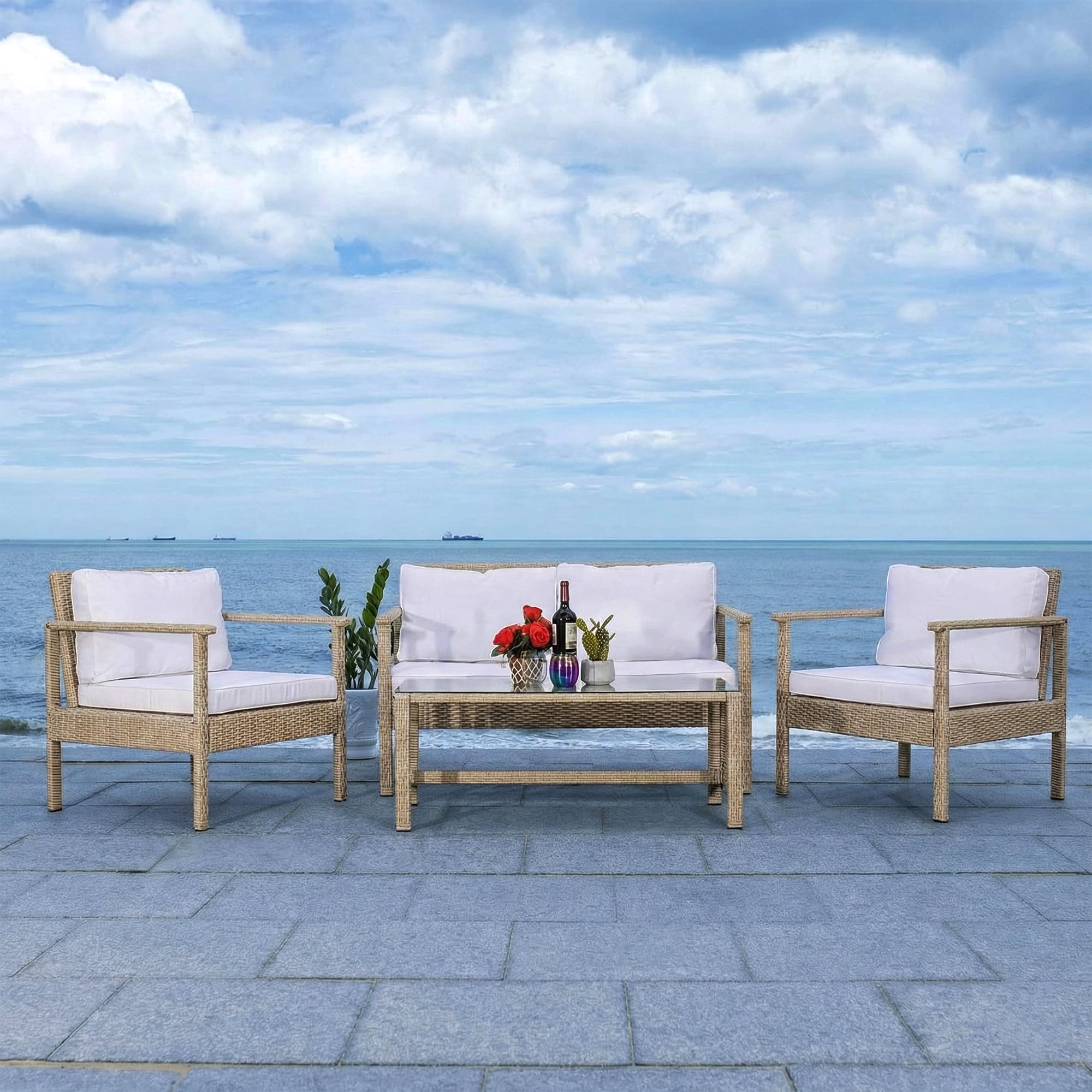 BRISHI Outdoor Sofa Set || Balcony Sofa || Patio Furniture Sets || Indoor Sofa|| Wicker Rattan Garden Sofa Set with Cushion and Center Table, 4 Seater (White-Beige)