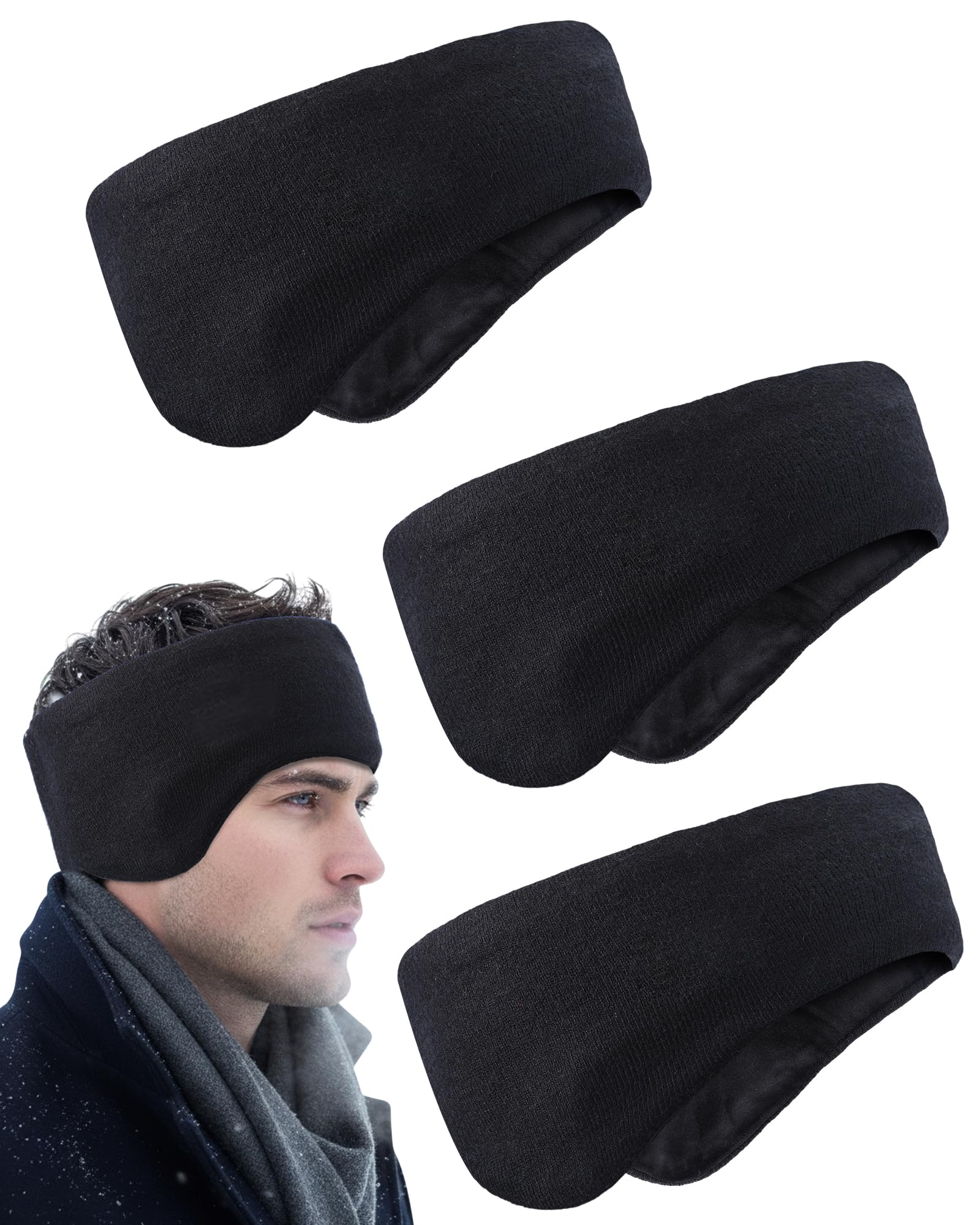 JenPen 3 Pcs Double-layer Ear Muffs for Winter Ear Warmers Headband for Men Women Knit Fuzzy Lined for Adult Running Cycling Ski, Black, 1 Count (Pack of 3)-image-38