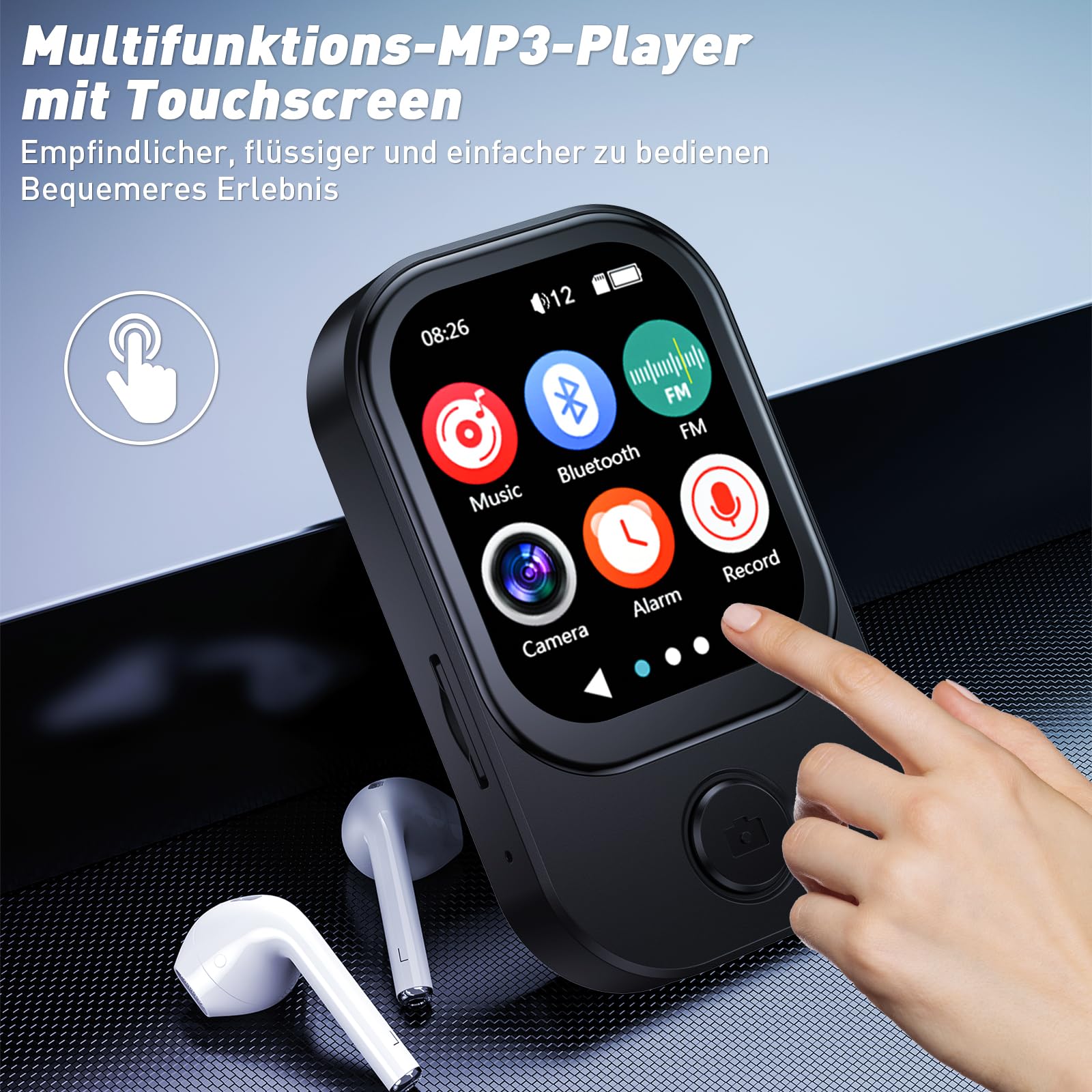 64GB MP3 Player Bluetooth 5.4 mit 180° Aufklappbar Kamera, RWSRW Mini Musik Player HD Lautsprecher FM Radio Fotoalbum Ideal HiFi-Sound E-Book Reader, Sport Schrittzähler (Schwarz)