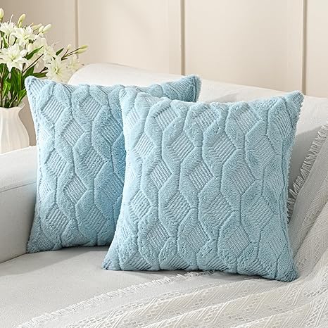Volcanics Pack of 2 Faux Wool Throw Pillow Covers 20x20 Inches Decorative Farmhouse Velvet Couch Pillow Case Soft Plush Square Boho Cushion Pillowcase, Misty Blue