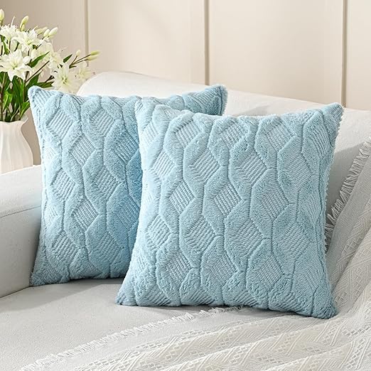 Volcanics Pack of 2 Faux Wool Throw Pillow Covers 20x20 Inches Decorative Farmhouse Velvet Couch Pillow Case Soft Plush Square Boho Cushion Pillowcase, Misty Blue