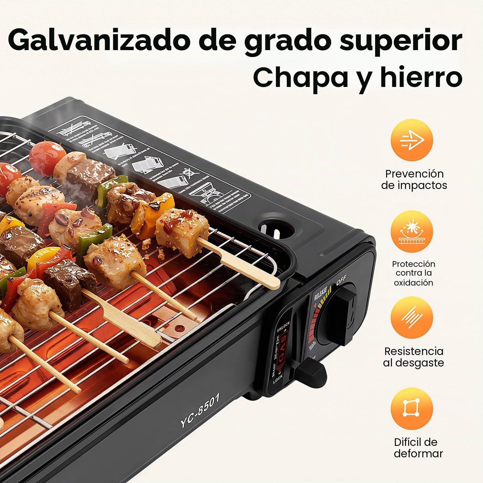 Barbacoa de gas 2 en 1 para camping con 2 placas de barbacoa y bolsa de transporte, barbacoa portátil de gas, parrilla de gas, pequeña y compacta para picnic, balcón, jardín, incluye pinzas, pinchos y