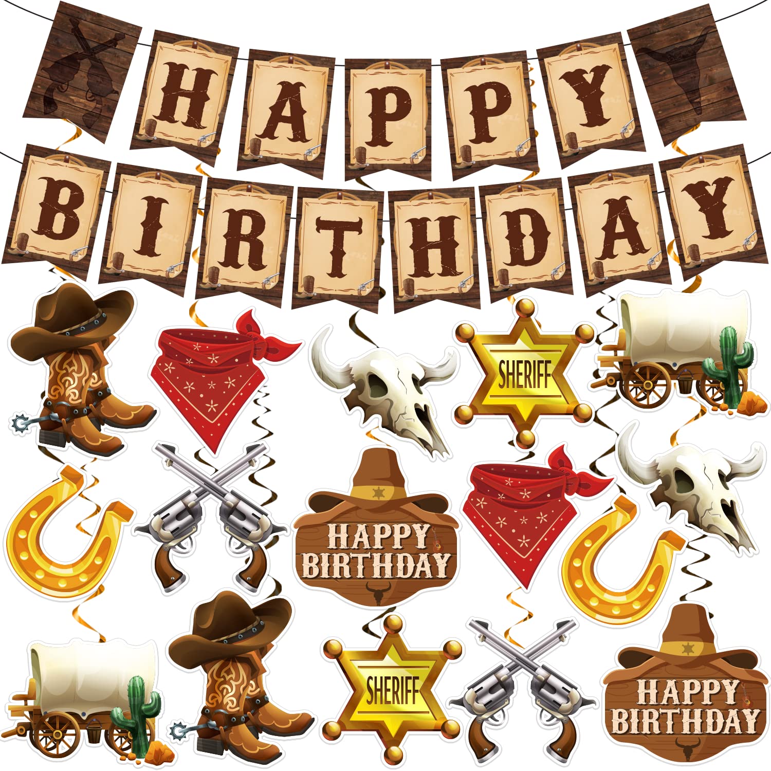 Cowboy Party Decorations, Cowboy Theme Party Decorations Include Western Cowboy Happy Birthday Banners and Hanging Swirls, Cowboy Birthday Decorations