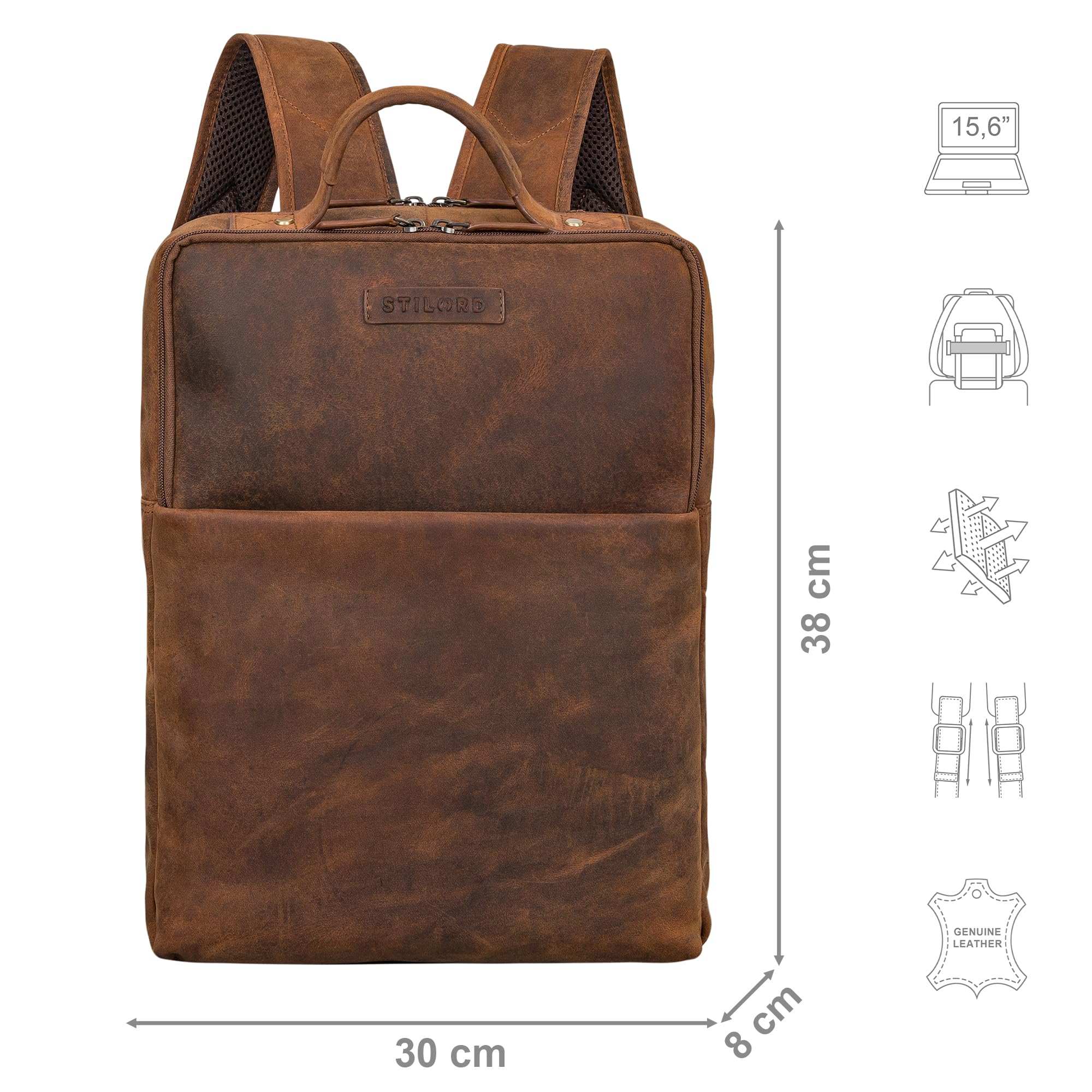 STILORD 'Noé' Mochila Elegante para Ordenador de 14 Pulgadas Mochilas de Cuero para Negocios Hombre Mujer Backpack de Trabajo Cuero Genuino, Color:avani - marrón
