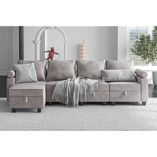 Tbfit Modular Sectional Sofa with Storage Seat, Convertible Oversized L Shaped Couch with Reversible Chaises, Sleeper Sofa with Adjustable Arm for Living Room, Light Grey
