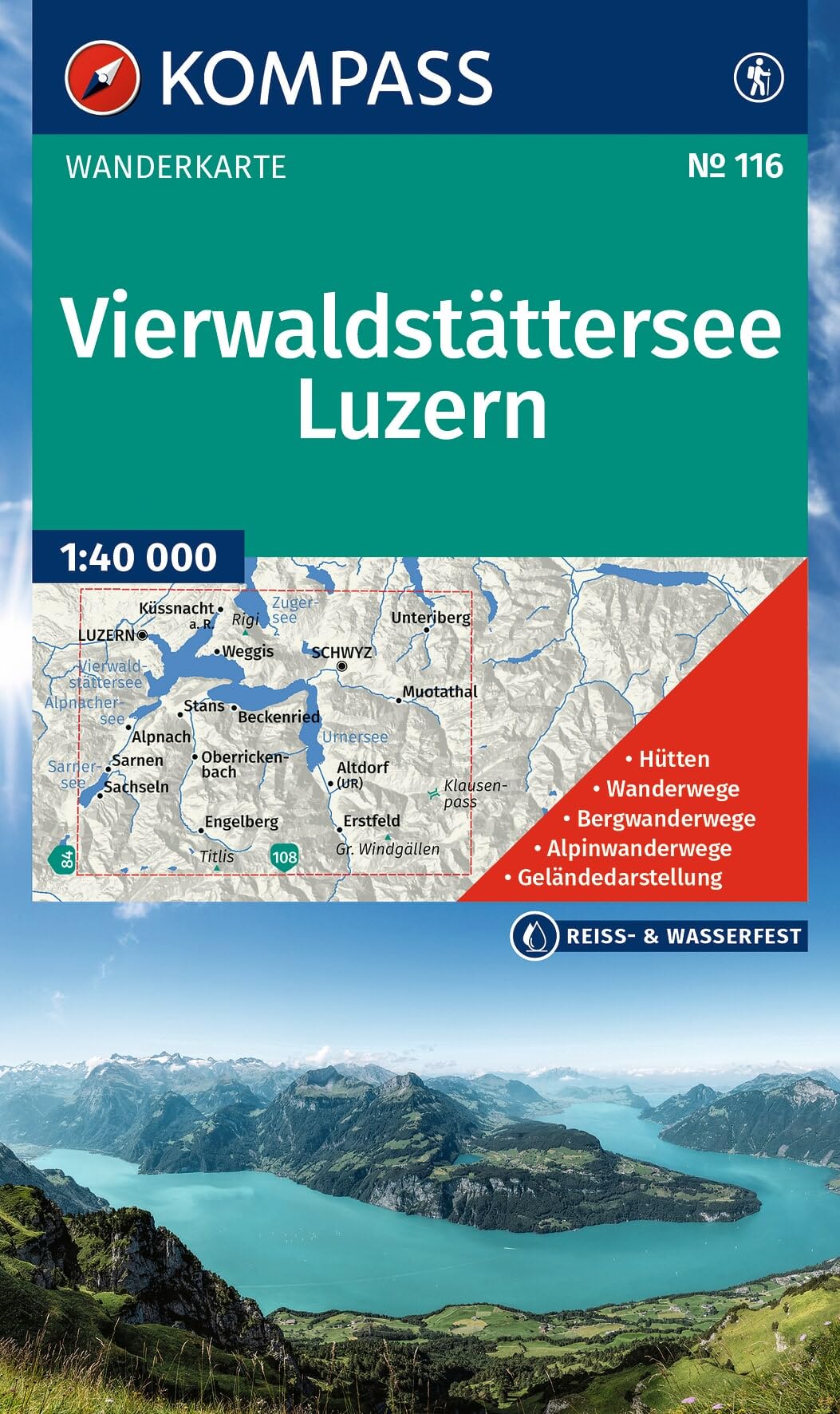 KOMPASS Wanderkarte 116 Vierwaldstättersee, Luzern 1:40.000: markierte Wanderwege, Hütten, Radrouten