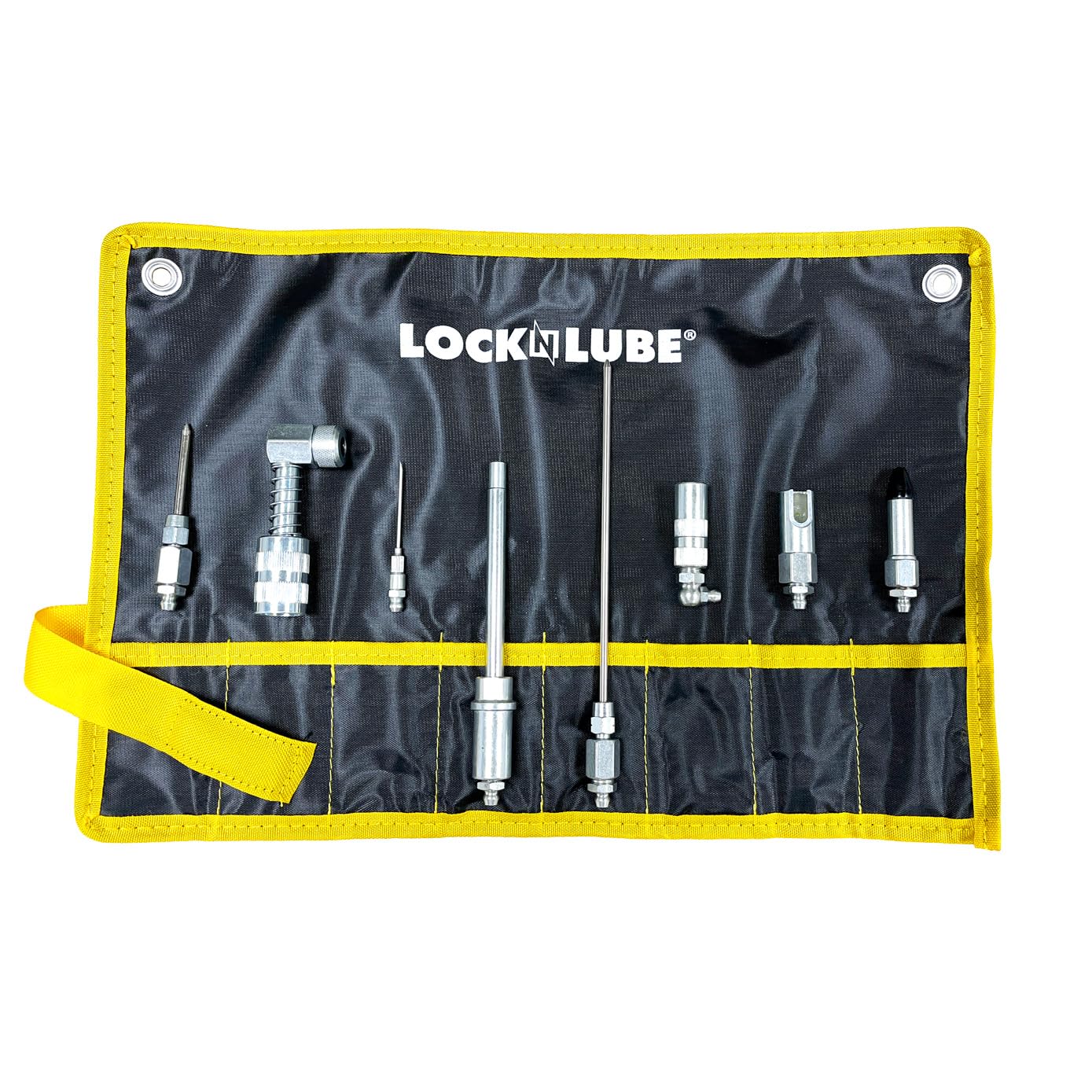 LockNLube 8-Piece Quick Connect Greasing Accessory Kit. Complete grease fitting connection kit. Reach any grease fitting on any machine. The rip-stop case keeps tools clean and portable.