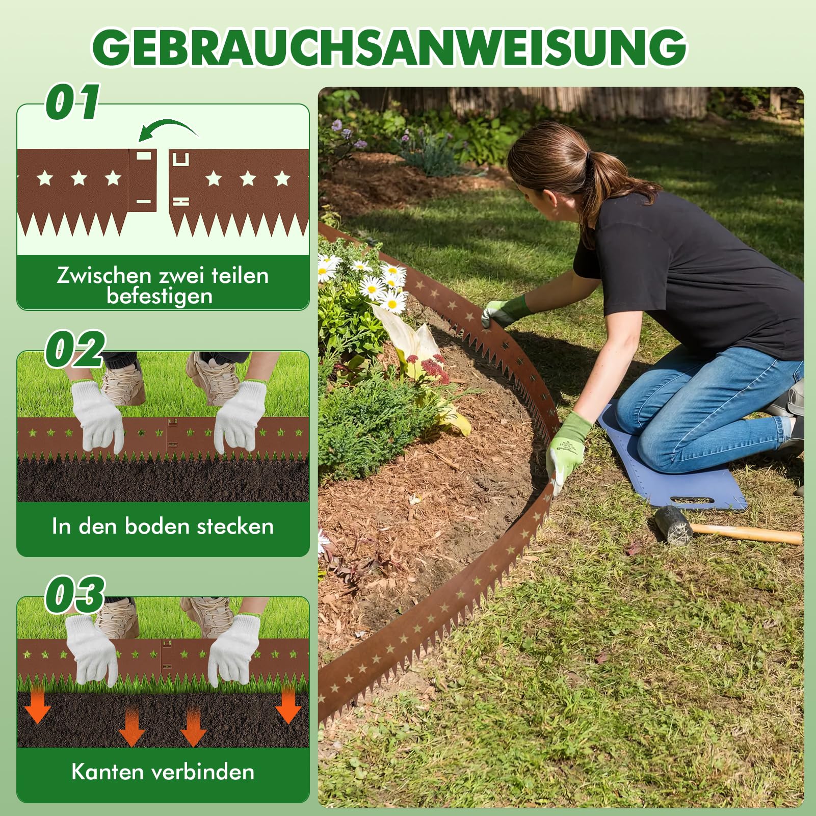 Flexible Rasenkante Metall 10-teilig (je 107,5 x 20 cm) – Cortenstahl Beeteinfassung mit Stern-Dekor, schwere Qualität – Perfekt als Rasenbegrenzung für geschwungene Wege & Moderne Gärten