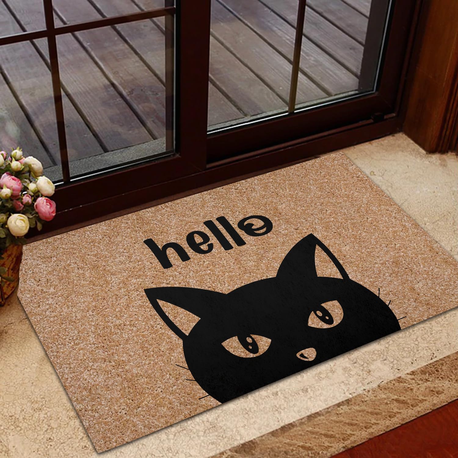 Hello Cat Doormat, Black Cat Welcome Mat, Housewarming Gift Welcome Doormat, Decorative Mat for Living Room, Bedroom, Kitchen, Bathroom