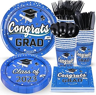 Atonofun Graduation Party Supplies, Graduation Party Plates and Napkins 2023, Disposable Paper Plates, Party Cups, Napkins and Cutlery for Class of 2023 Congrats Grad Party Decorations Serves 24 Blue