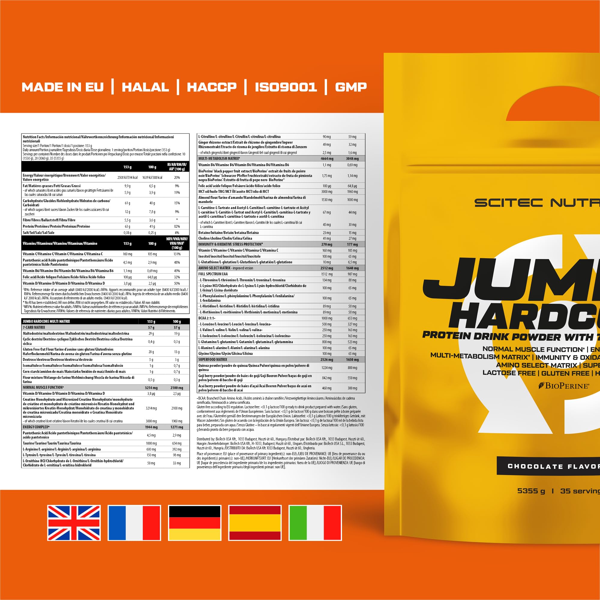 Scitec Nutrition Jumbo Hardcore - Gainer, matrice protéinée et glucidique | Riche en protéines - Superaliments - Créatine et acides aminés - Sans gluten ni lactose - 5355 g, Chocolat