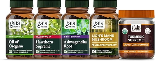 Gaia Herbs Kit Being Well - Aceite de orégano, gomitas diarias para adultos supremos, espino supremo, hongo melena de león, raíz de ashwagandha