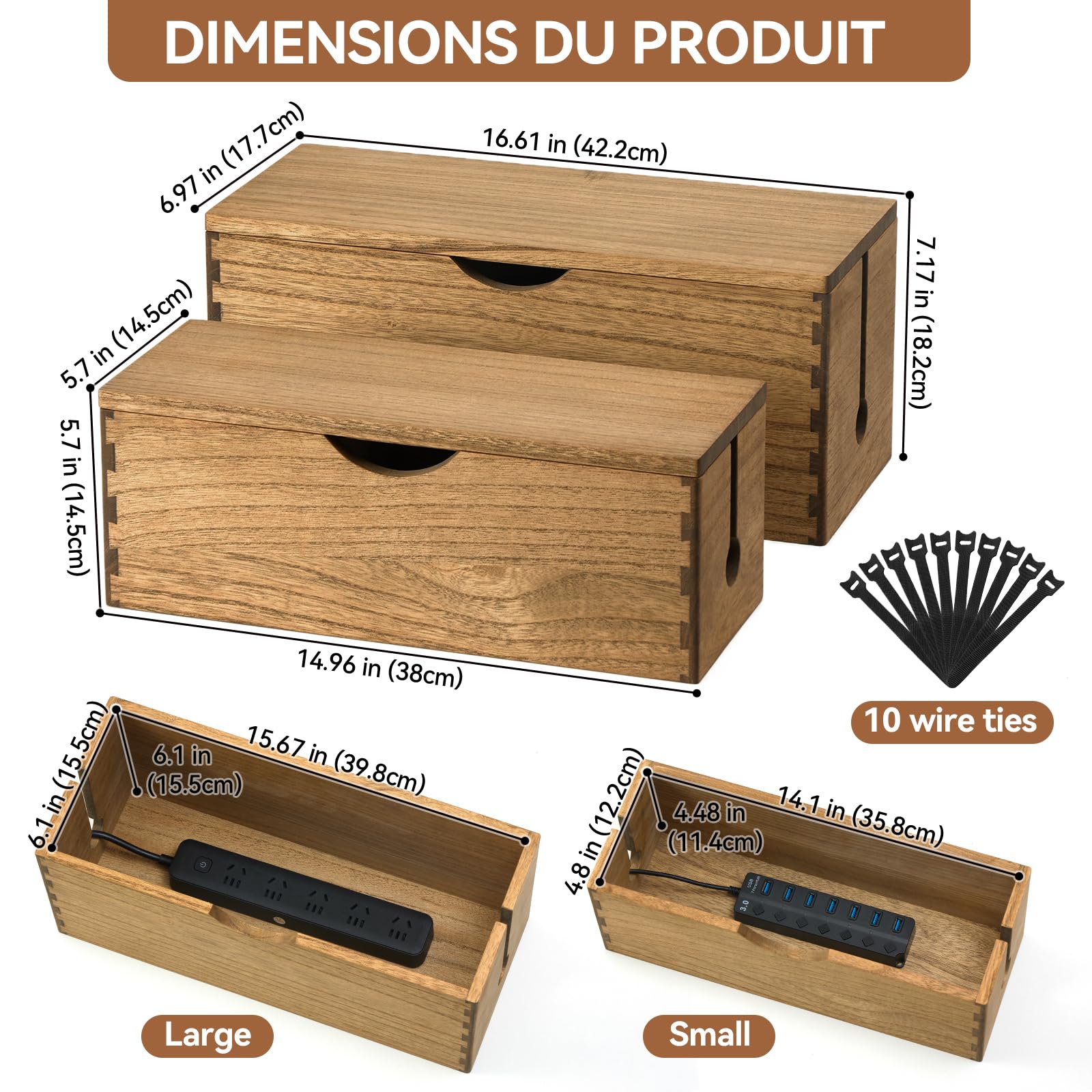 KIRIGEN Boîte à câbles en Bois Massif, Lot de 2 Grande boîte à câbles pour Prises, chargeurs et Rangement de câbles, Router-Organiz Jaune-Brun
