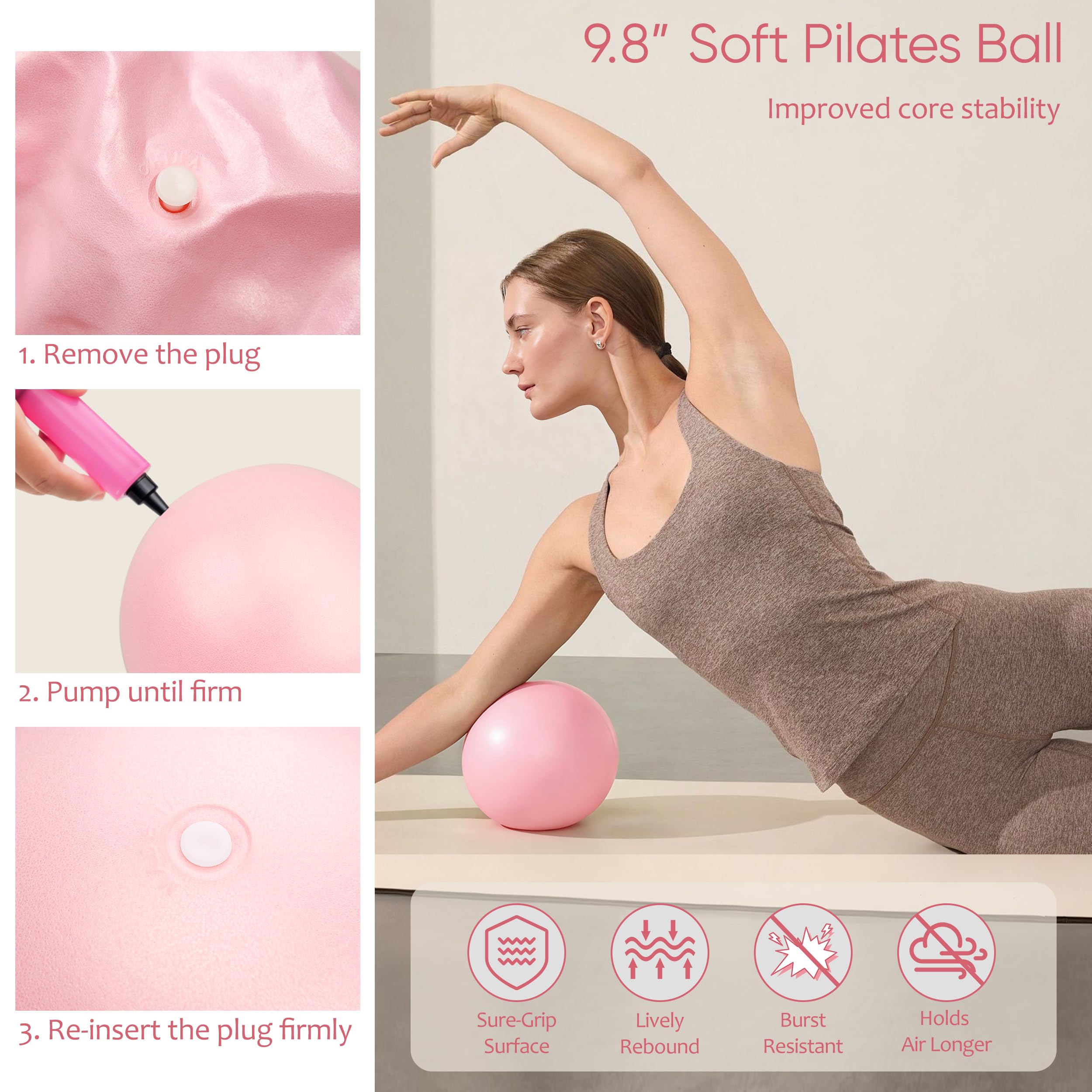 NANATI Kit de pilates 18 pièces, kit essentiel de pilates pour femmes à domicile, équipement de pilates avec anneau et balle de pilates de 36,8 cm, 7 bandes de résistance, poids de cheville, curseurs