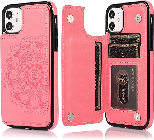 Funda para iPhone 11 y 11 con tarjetero y tarjetero delgado de cuero para iPhone 11 de 6.1 pulgadas (rosa)