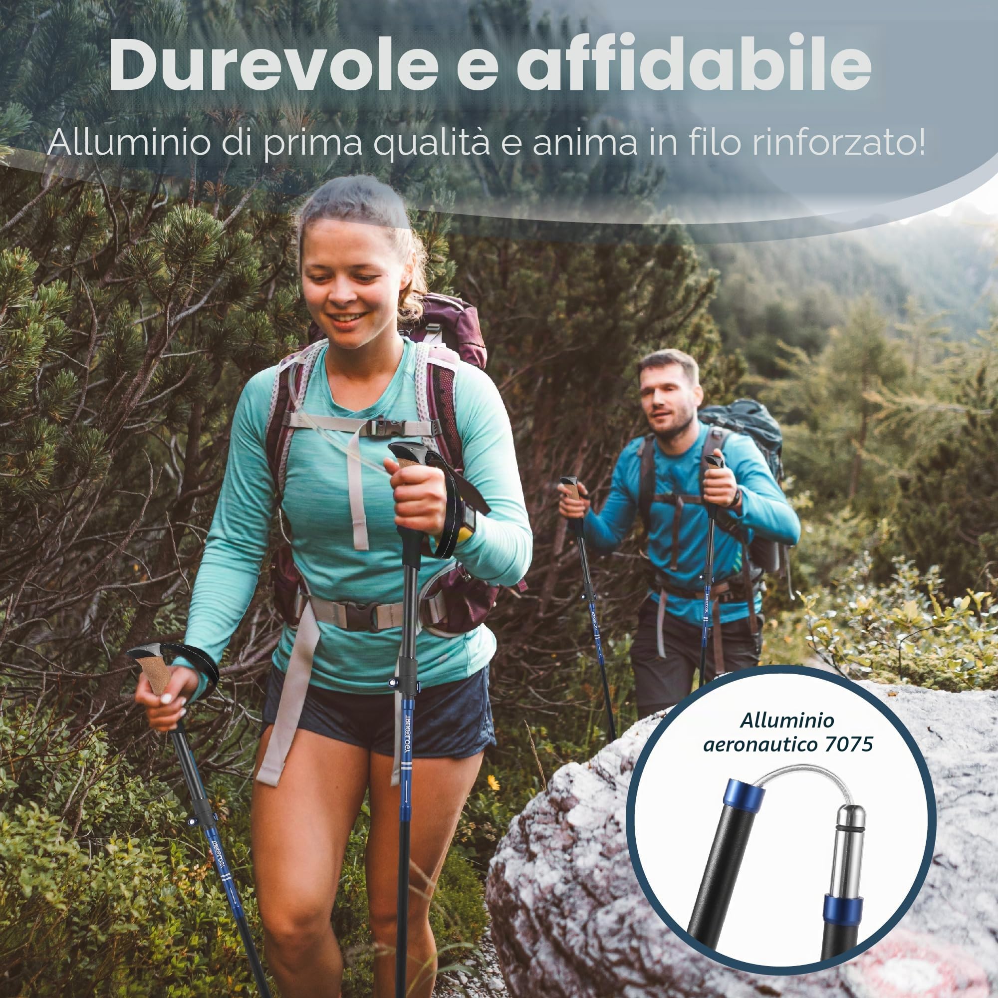 TREKOLOGY TREKZ Cork SE 2PCS Bastoncini Trekking Pieghevoli con Impugnatura in Sughero - Leggeri Retrattili per Nordic Walking, Zaino in Spalla, Campeggio, Hiking, Accessori