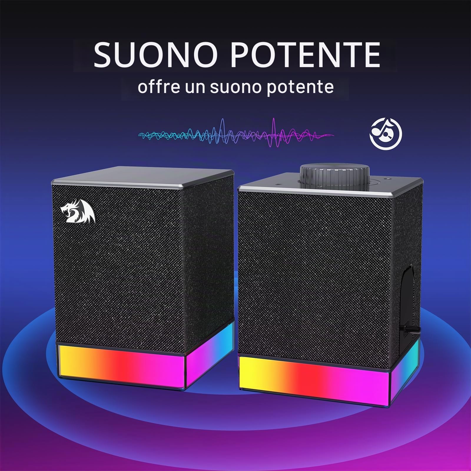 Redragon GS517 - Altoparlante per computer RGB, sistema audio stereo 2.0 con doppia connettività BT e USB, 8 effetti di illuminazione RGB, comandi touch e manopola del volume, perfetto per giochi e
