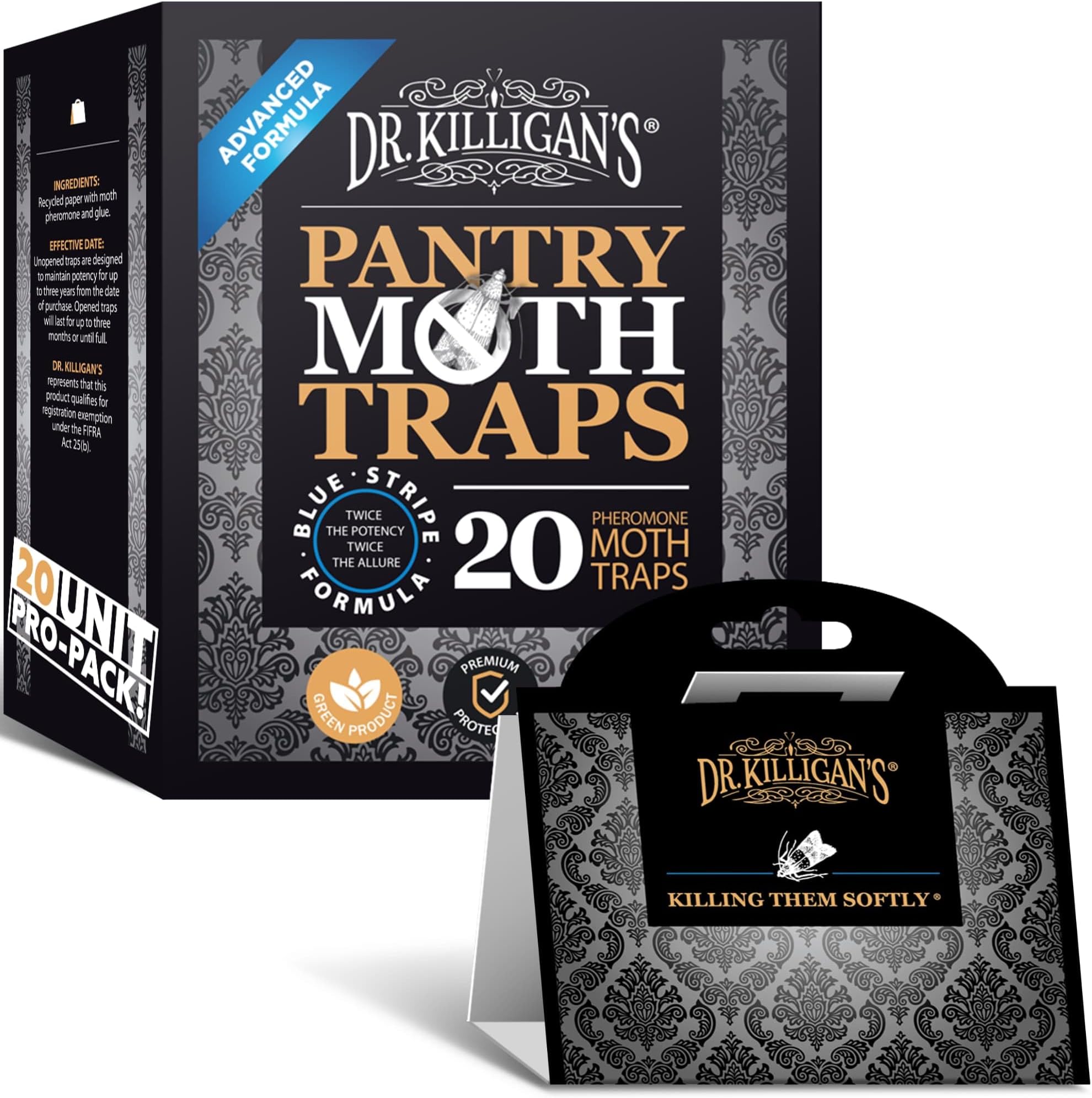 Dr. Killigan's Premium Double Potent Pantry Moth Traps with Pheromones Prime, Sticky Indian Meal Moth Traps for Kitchen, How to Get Rid of Moths in House (20 Pack, Black)