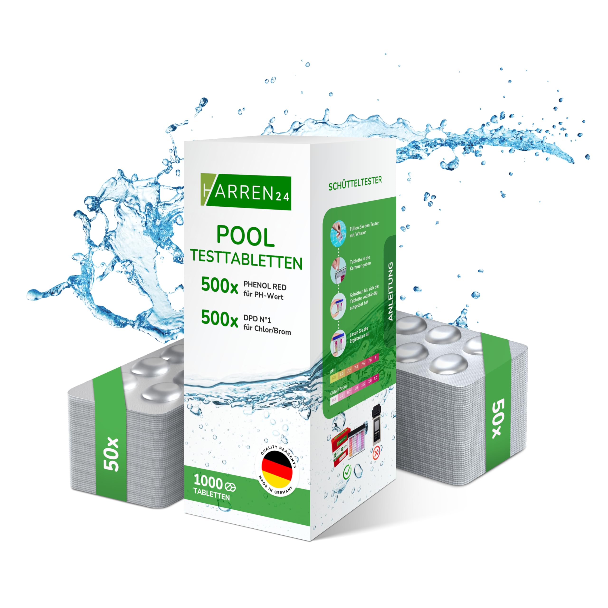 Pastillas de prueba (Rapid) Combi Valor en pH (Rojo Fenol), Cloro libre brome (DPD1) Comprobador de agua de piscina, 2x30, 2x50, 2x100, 2x250 pieza (2x500 Pastillas)