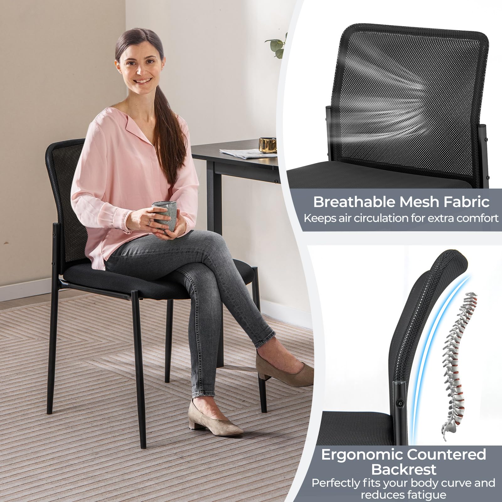 GIANTEX Juego de 2 Sillas de Conferencia, Sillas de Oficina Apilables con Respaldo de Malla Transpirable, Asiento Acolchado, Sillas sin Brazos para Sala de Espera, Oficina, Negro