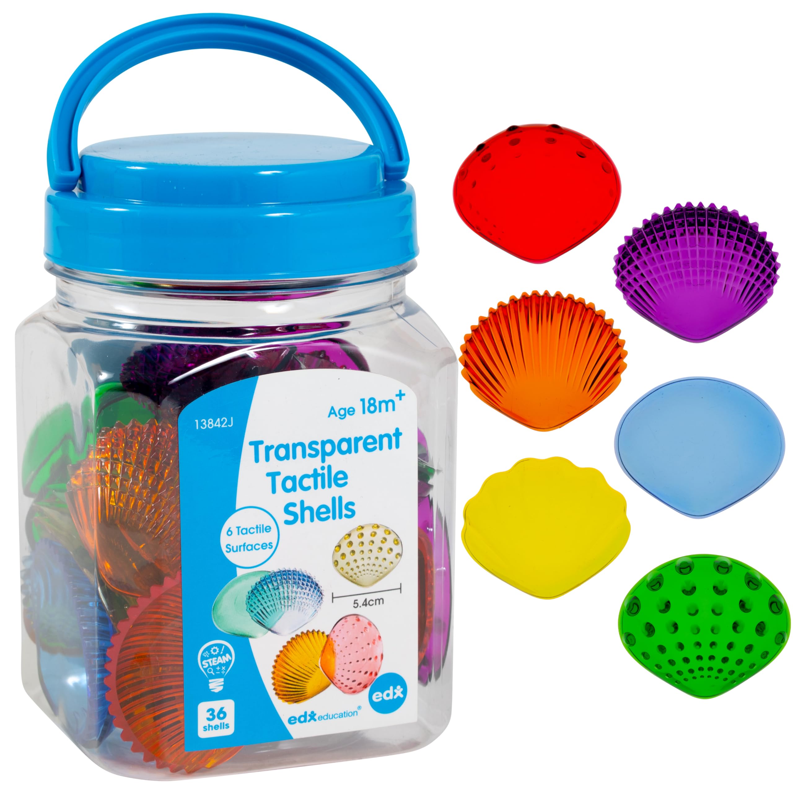 edxeducation Tactile Shells | Set of 36 | Translucent | 6 Textures and Colours | Ages 18m+ | Light Panel and Sensory Bin Toy
