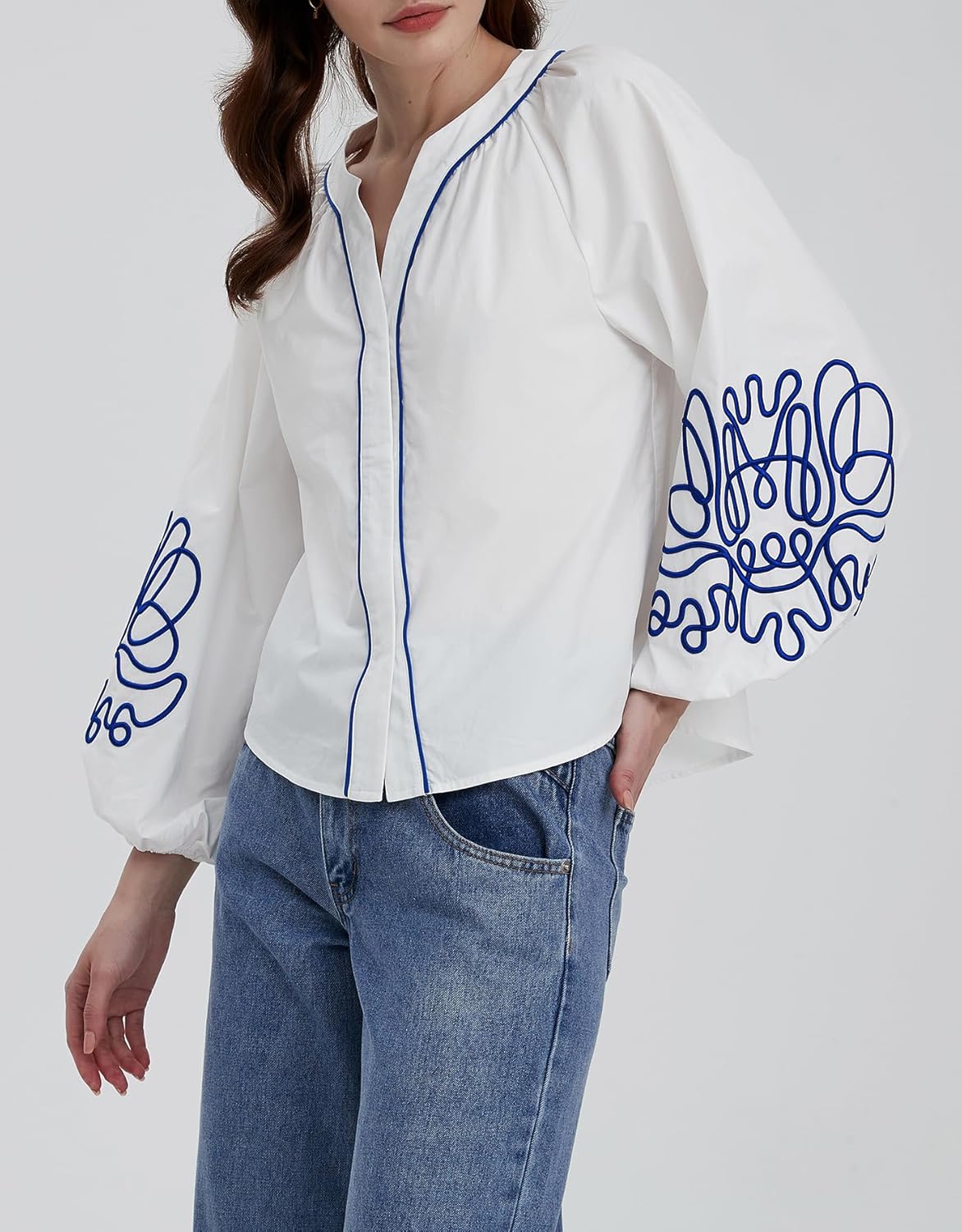 Kedera Women's Casual Floral Embroidered V Neck Blouses Boho Long Balloon Sleeve Mexican Shirts Loose Summer Fall Tops 2025 - Image 3