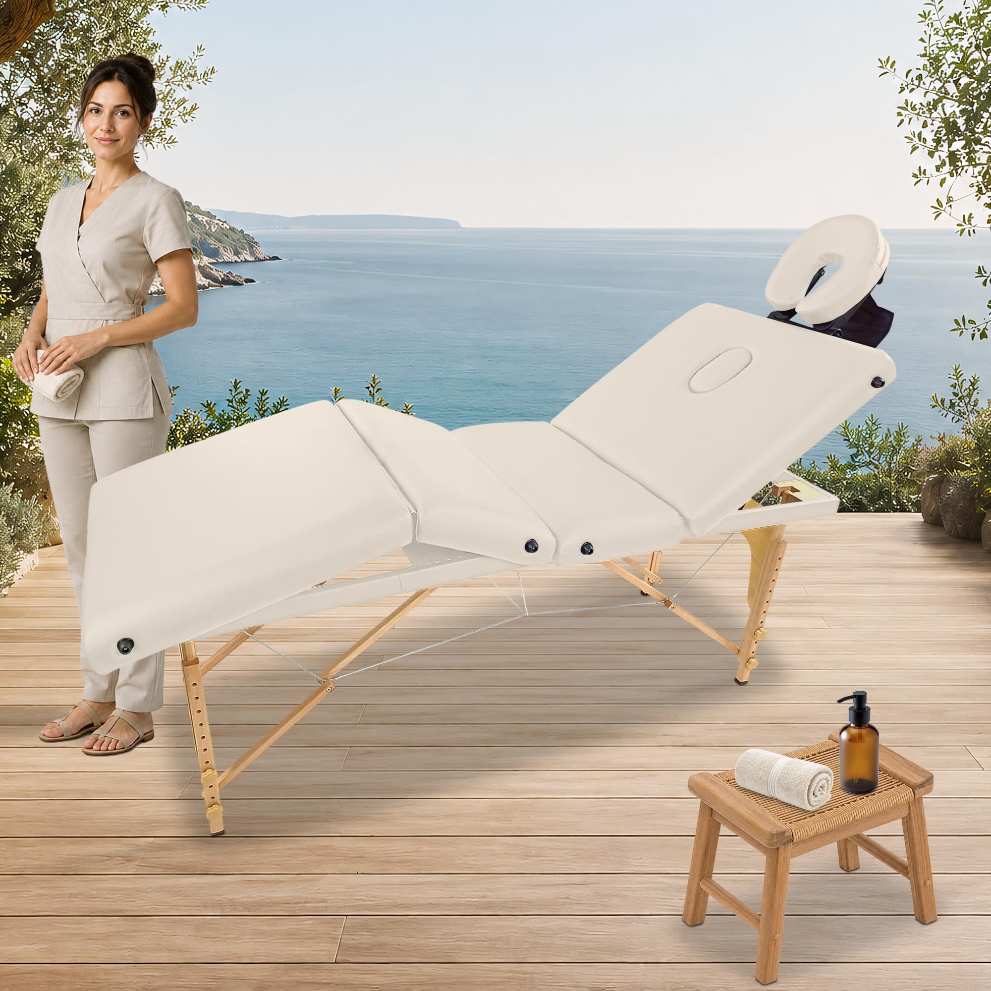 Beltom® Lettino Massaggio 4 Zone Legno LETTINI per da Massaggi Pieghevoli Gran Lusso Nuovo Fisioterapia FISIOTERAPISTA Tattoo Tatuaggi Relax - Panna