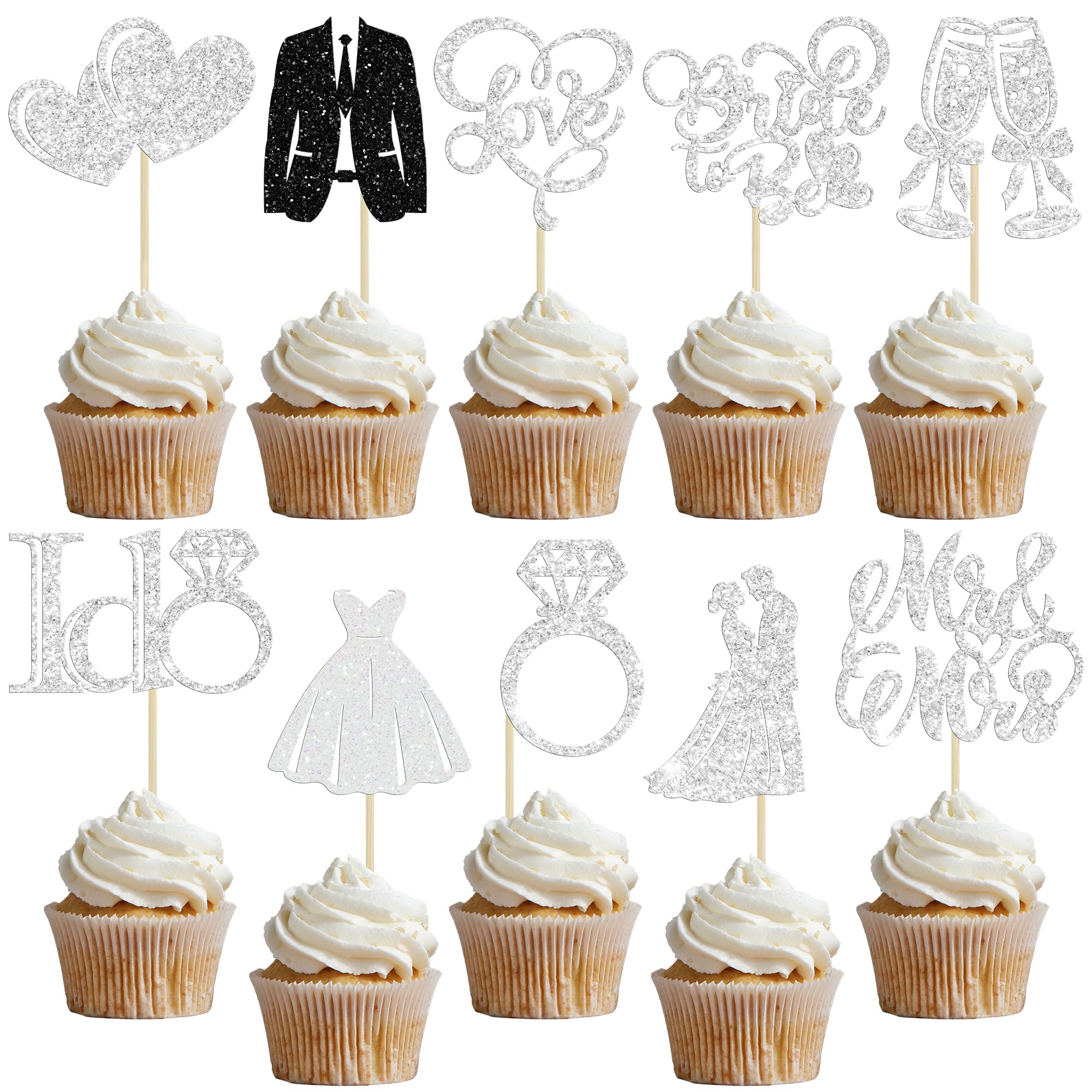 Gyufise 30Pcs Bride to Be Cupcake Toppers Glitter Diamond Ring I Do Love Cupcake Picks Miss to Mrs Bridal Shower Wedding Engagement Bachelorette Cake Decoration Silver