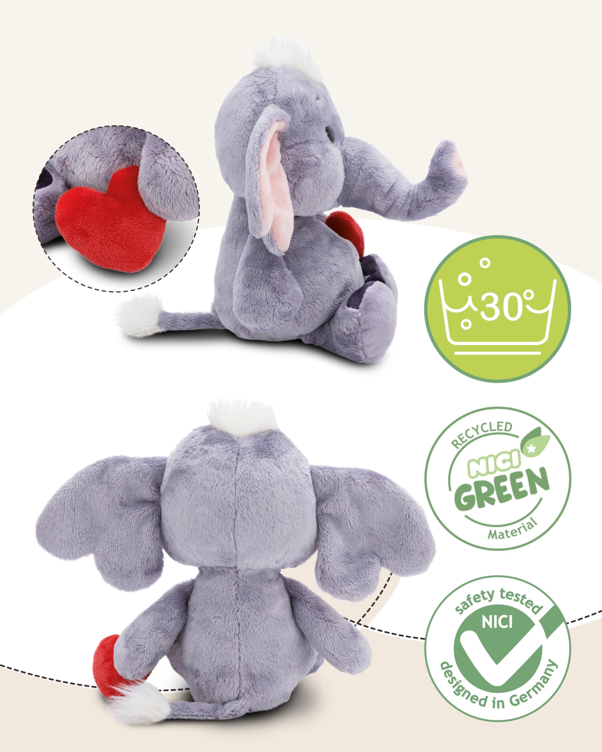 NICI Knuffel Love olifant met magneet hart donkergrijs 48cm - Zacht speelgoed gemaakt van pluche, pluchen knuffeldier om mee te knuffelen, voor kinderen en volwassenen, geweldig geschenkidee - 61488