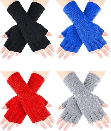SATINIOR 4 pares de guantes largos de medio dedo sin dedos para niños, de punto con brazo de invierno, guantes de medio dedo para niños
