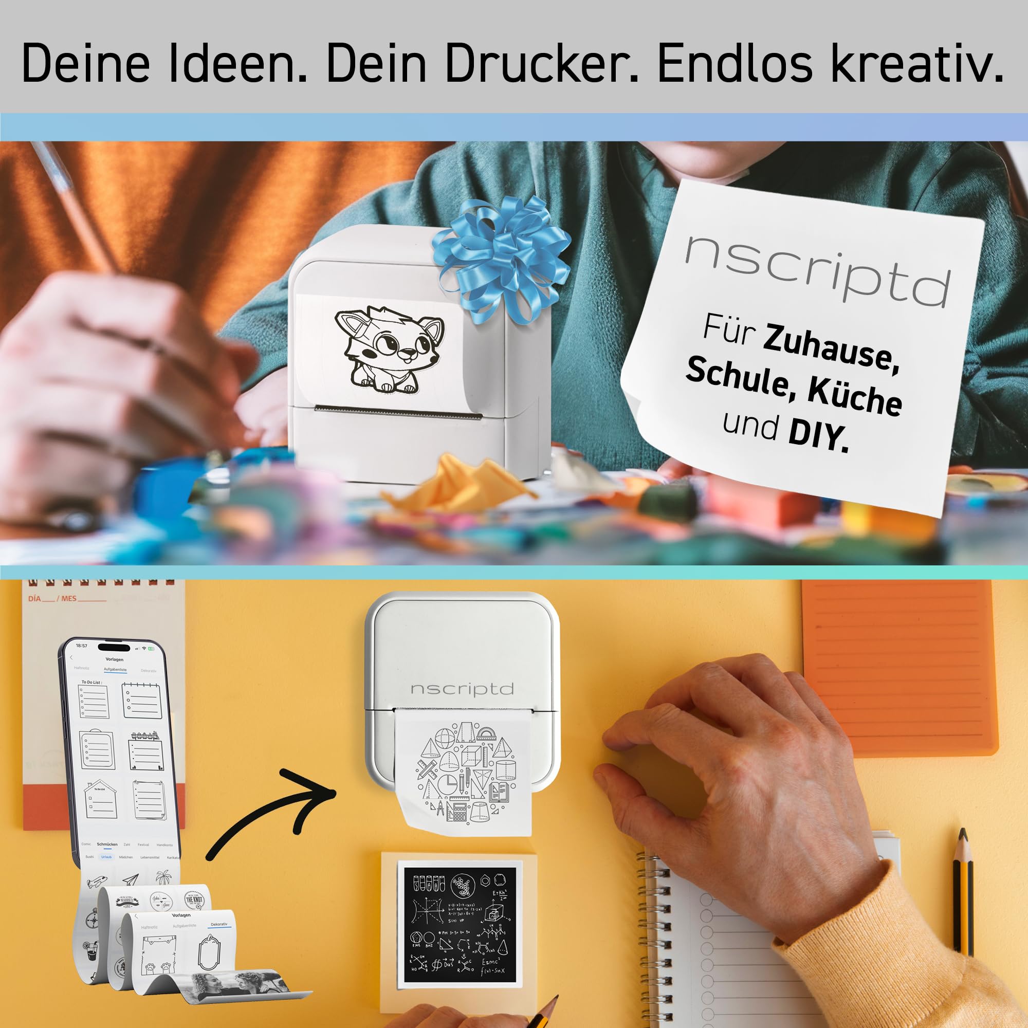 Mini Drucker Thermodrucker – Komplett-Set mit 4 Rollen, Kabel & Netzteil – Bluetooth für iOS & Android – Tintenfrei, sofort startklar – Designed in Germany