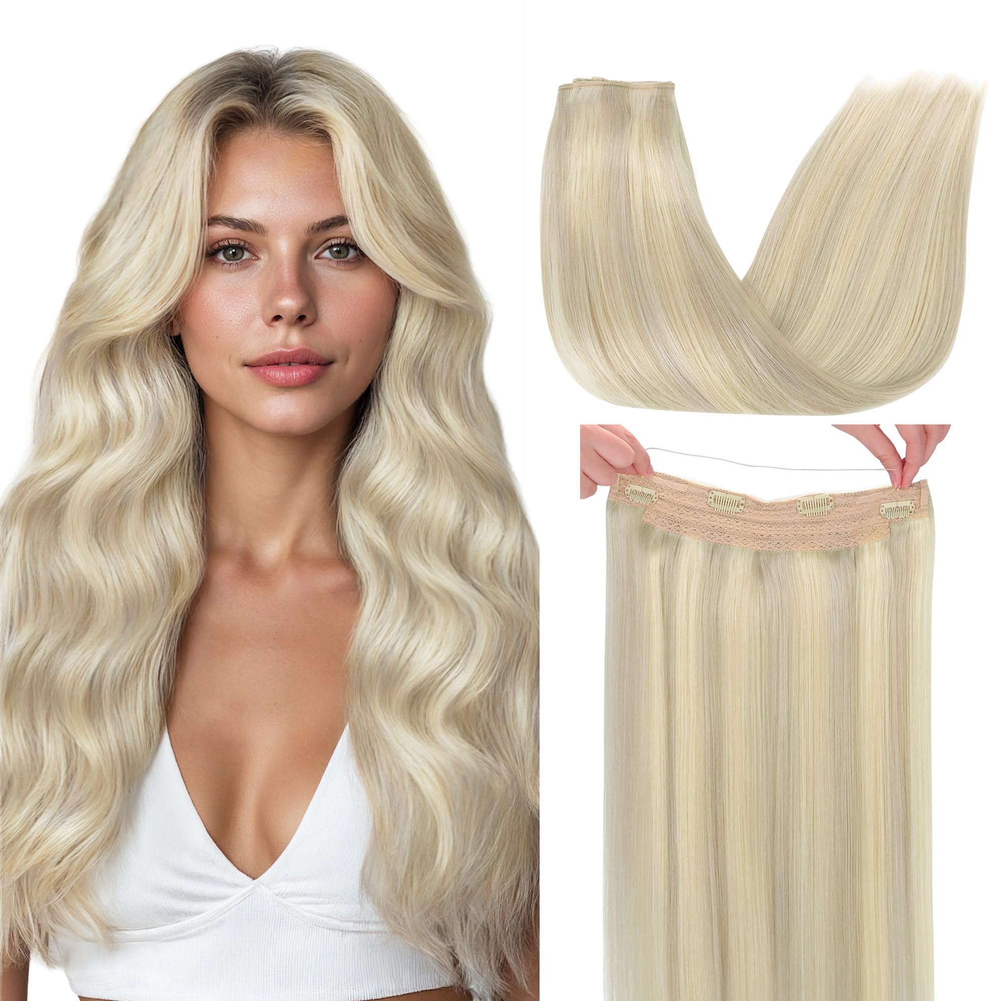 GOO GOO Wire Hair Extensions Real Human Hair, 16inch 95g Ash Blonde Highlighted Platinum, Invisible Wire Hair Extensions with Transparent, Seamless Fish Line Hairpiece, Straight Remy Hair Extensions