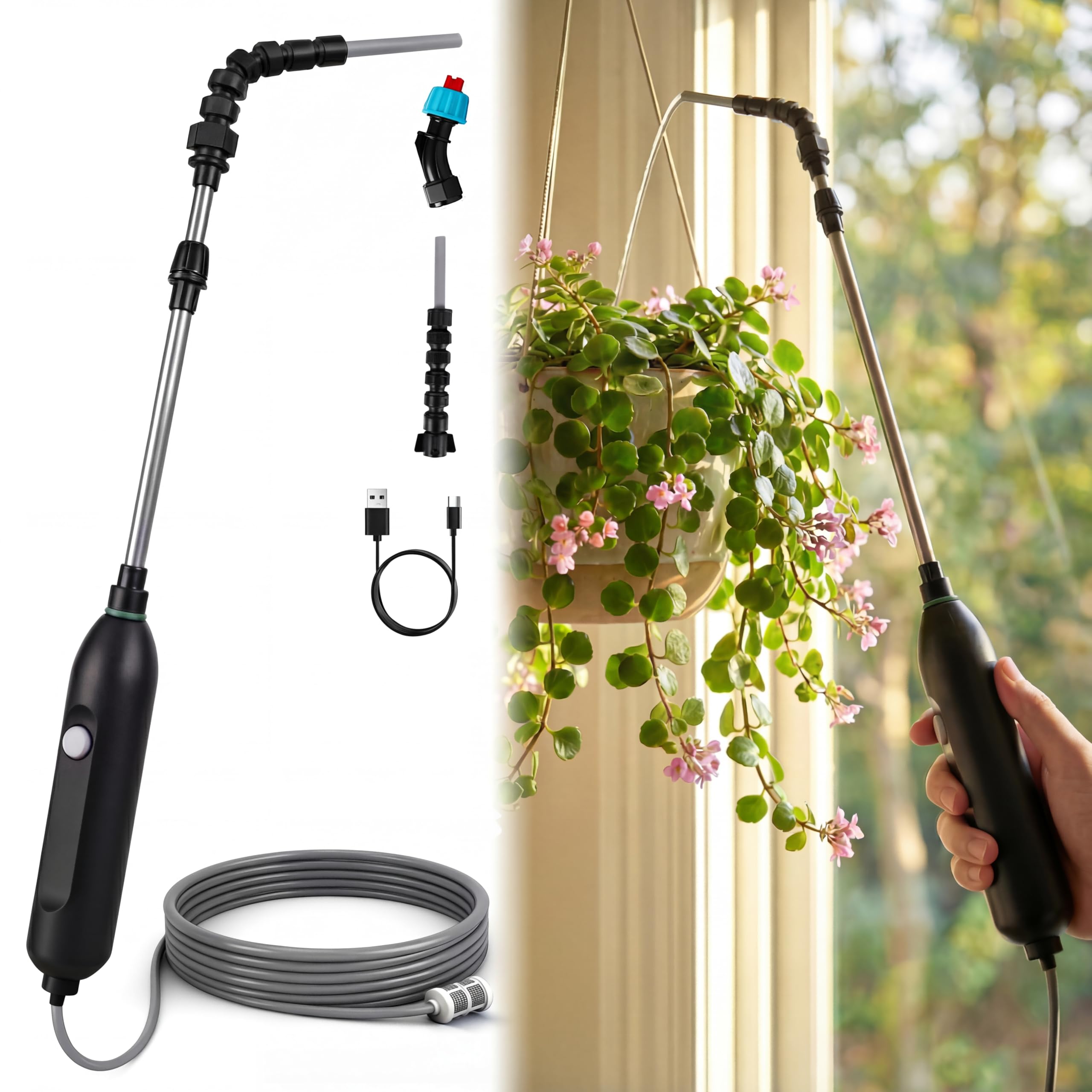 Photo 1 of High Reach Electric Plant Waterer for Indoor Hanging Plants, Telescoping Indoor Water Sprayer Wand with Pump, 180° Adjustable Watering Nozzle High Flow Leakproof Design