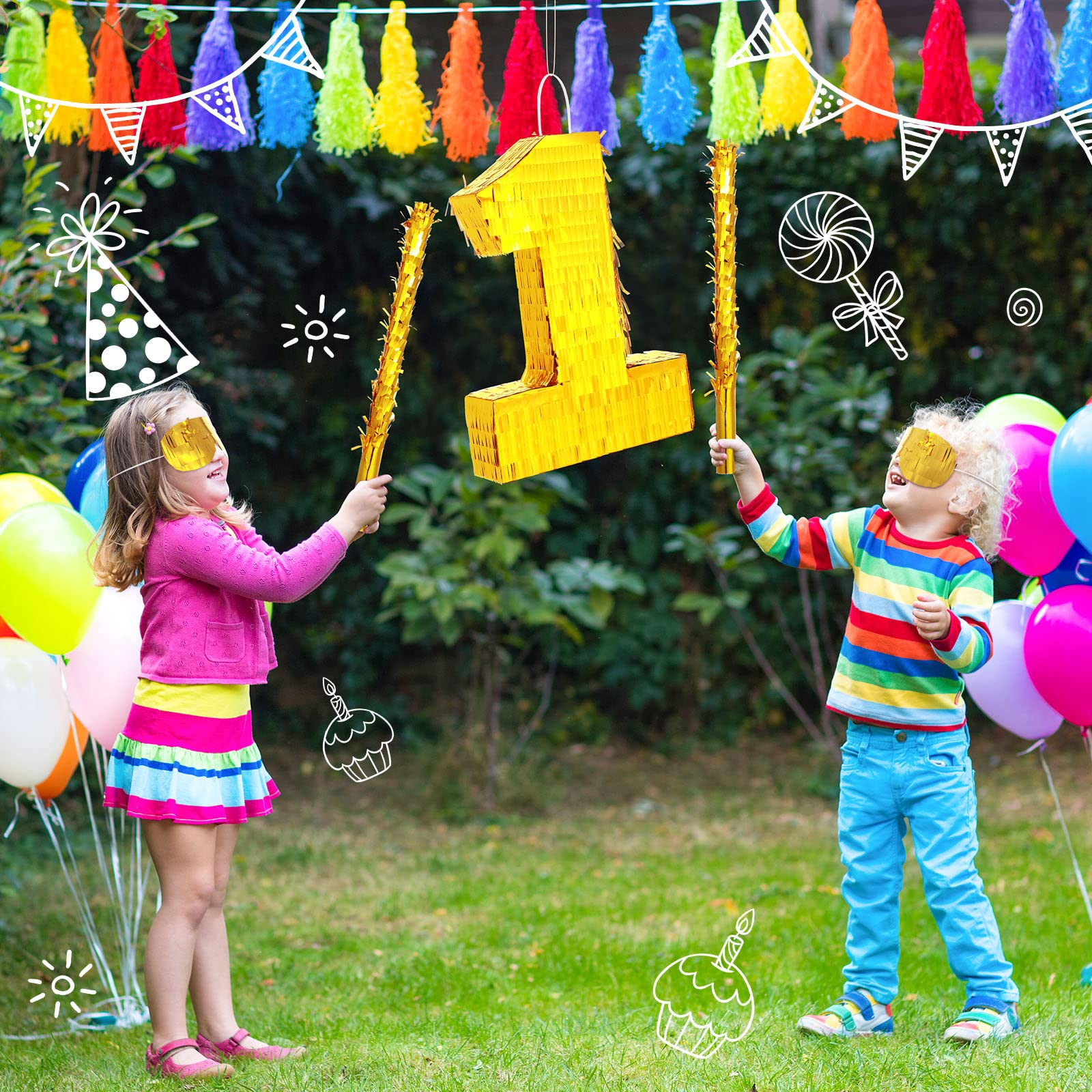 Gold Foil Number Pinata 16 x 11 x 3 Inch Small Pinata with 15.7'' Stick Gold Blindfold Confetti for Kid Boy Girl Birthday Party Decorations Anniversary Celebrations Fiesta Supplies Favors ()