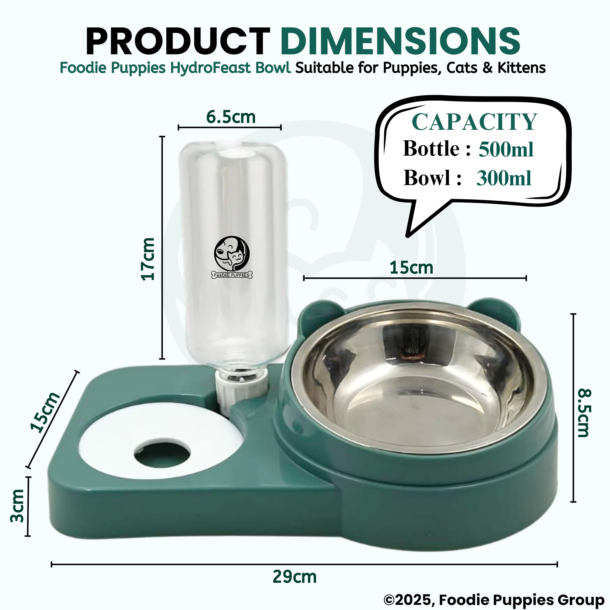 Foodie Puppies 2 in 1 Cat Feeder Bowls with Automatic Water Dispenser - (HydroFeast Bowl), Detachable Design, Stainless Steel, Tilted Raised Bowl for Puppies, Small Dogs, Cats, Kittens 1