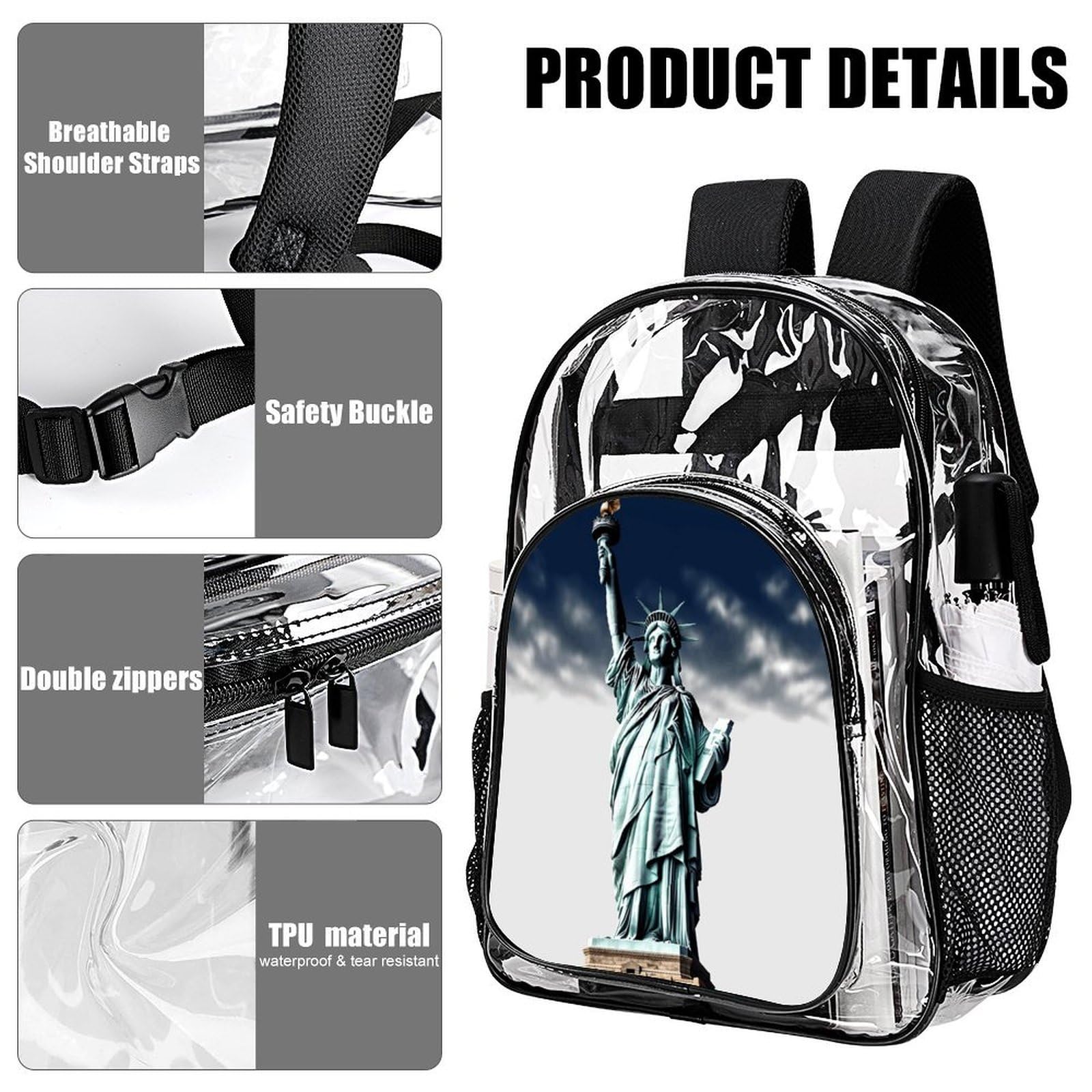 Transparenter Rucksack mit Freiheitsstatue, groß, transparent, PVC, Büchertasche für Sicherheit, Arbeit, Reisen, Stadion