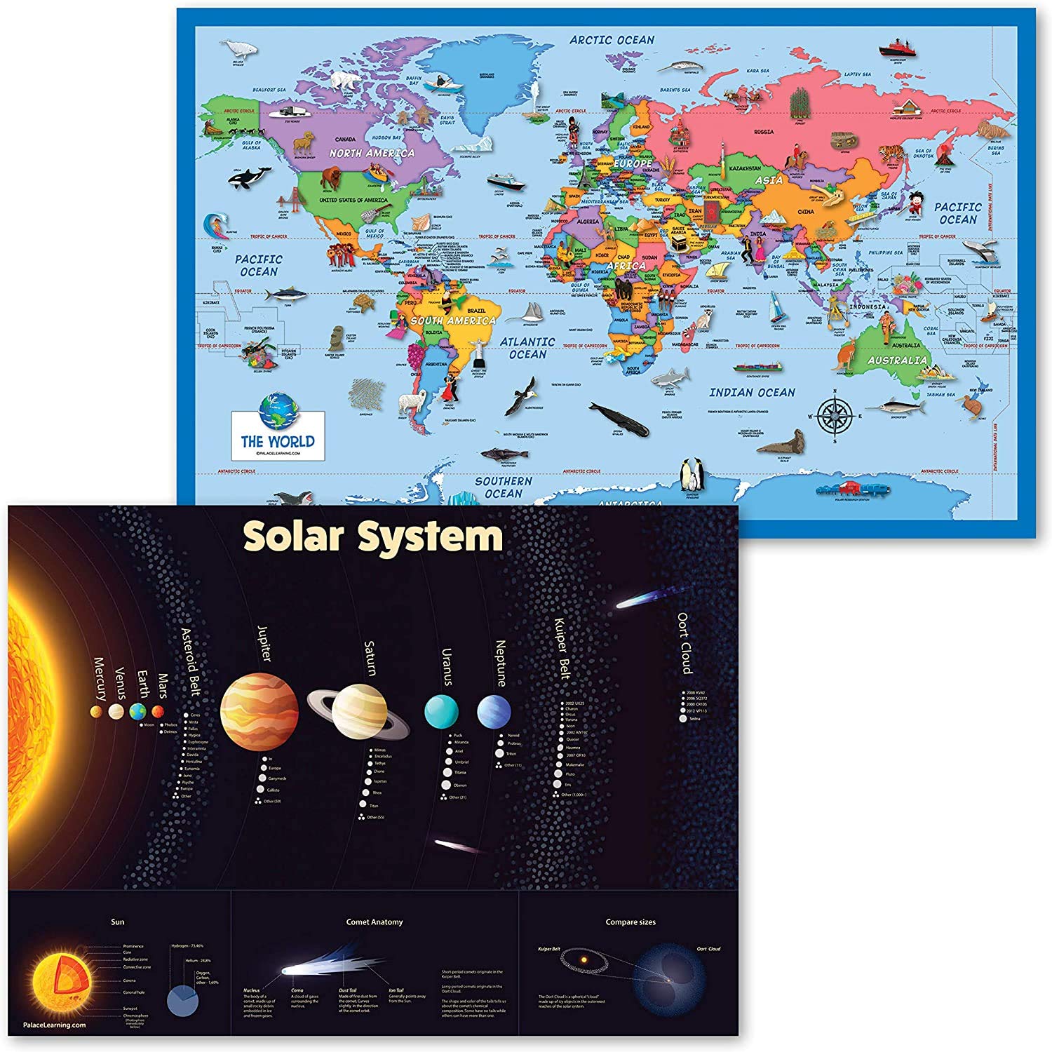 2 Pack World Map Poster For Kids Illustrated Solar System | Desertcart ...