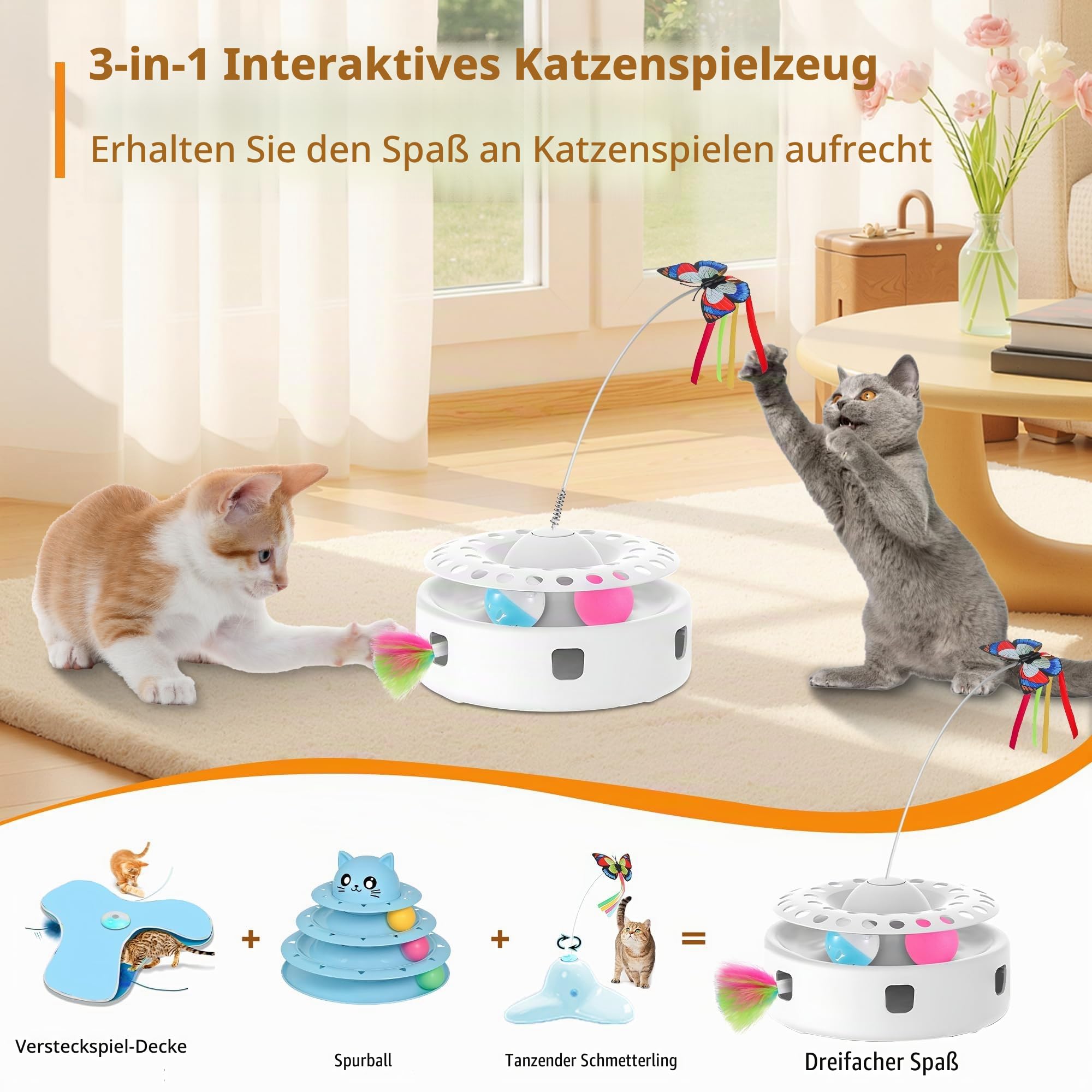 Soarer Katzenspielzeug 3 in 1 automatisches interaktives Katzenspielzeug, Fliegender Schmetterling, Fliegende Feder, mit 4 austauschbaren Zubehör, Touch Rolling Ball, Dual Power Mode