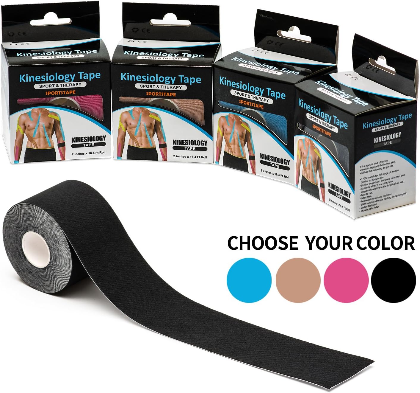 Kinesiology Tape for Athletes(1 roll pack),Sports Muscle Tape,FDA Certified.Pain relief,Provides muscle support.Water resistant, Breathable, Cotton, Uncut 2 inches x 16.4 Ft entire Roll（PINK）