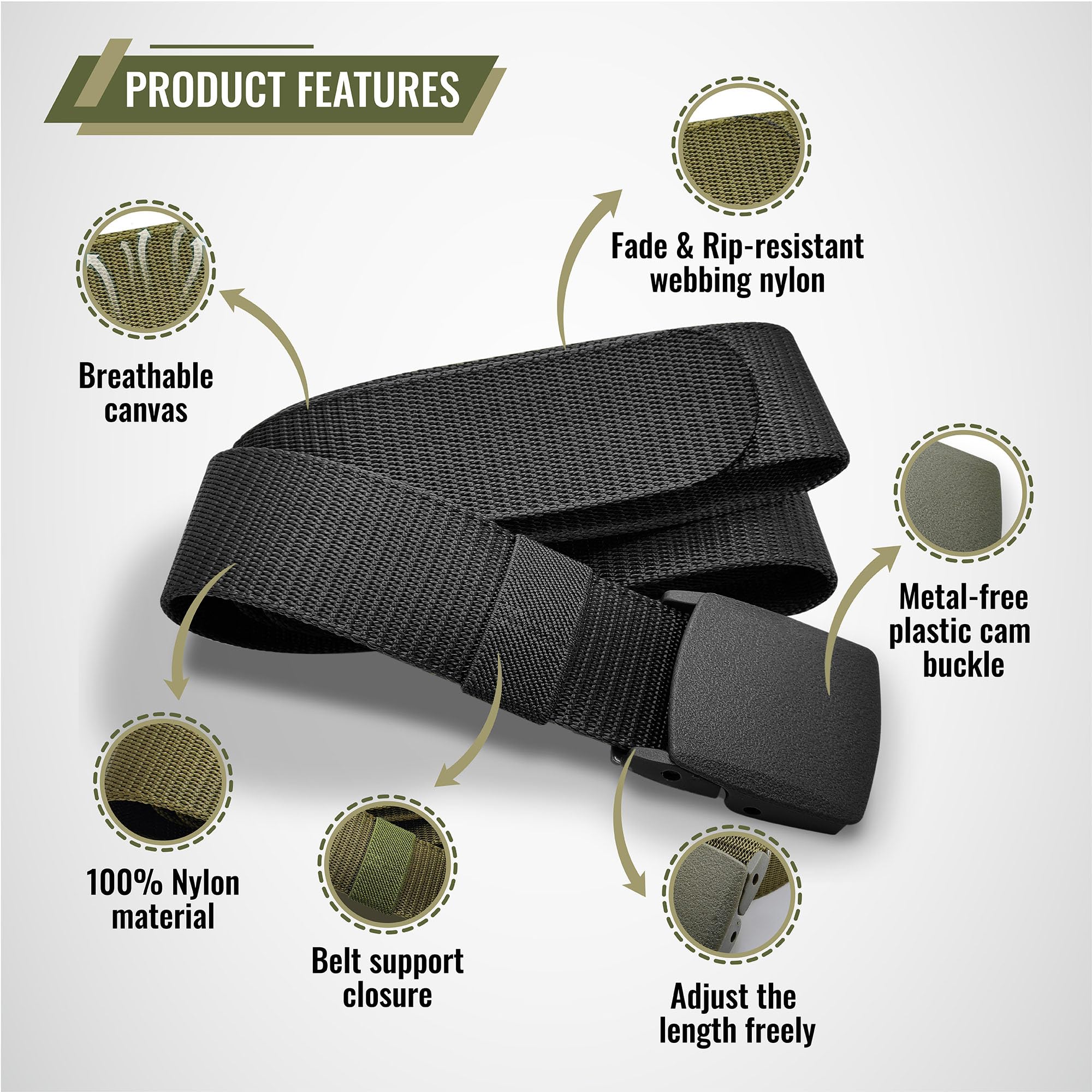 SHAVIT Nylon Belts for Men, Work Belt Adjustable Slide Plastic Buckle Web Canvas Belt for Outdoor, Airport friendly (Black)