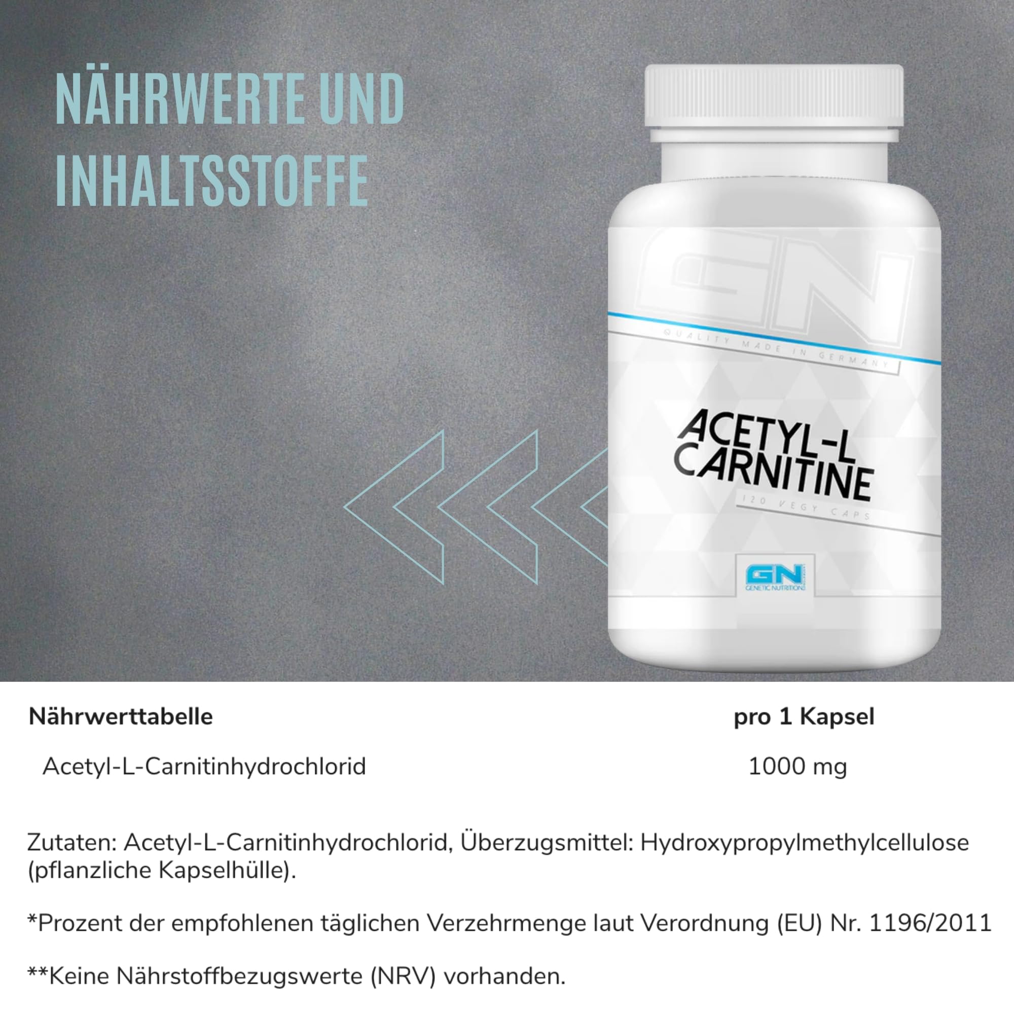 Acetyl L-Carnitin – 120 Kapseln – 100 mg Acetyl-L-Carnitinhydrochlorid pro Kapsel – Made in Germany