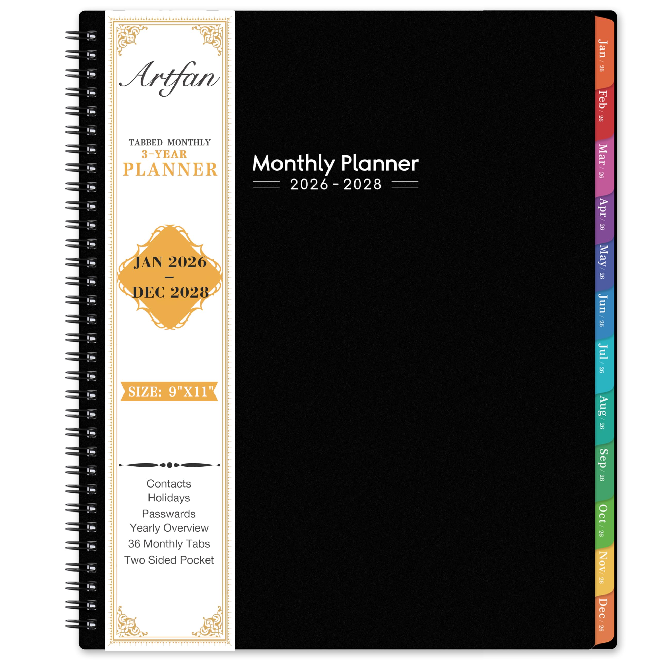 2026-2028 Monthly Planner/Calendar - 3 Year Planner 2026-2028, JAN 2026 - DEC 2028, 9" x 11", 36 Month Calendar Planner, Monthly Planners with Colorful Tabs, Inner Pocket - Black