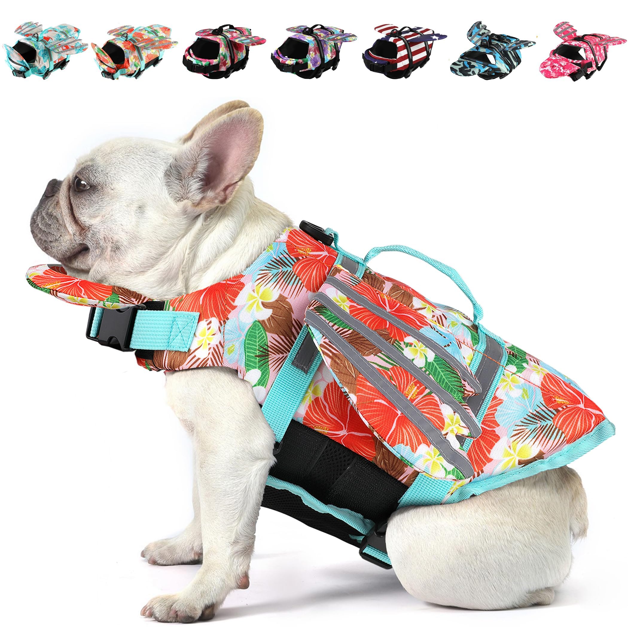 Petglad Hundeschwimmweste mit Kinnschwimmer, Flügel-Design, Hundeschwimmweste mit Reflektierendem & Rettungsgriff, Verstellbarer Welpen-Schwimmmantel für kleine, Bootfahren, Surfen