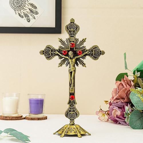 Miniatura 3 de Calculs Cruz de mesa de metal con crucifijo de Jesús para decoración del hogar, cruz católica para oraciones cristianas, Jerusalén, 10 pulgadas,
