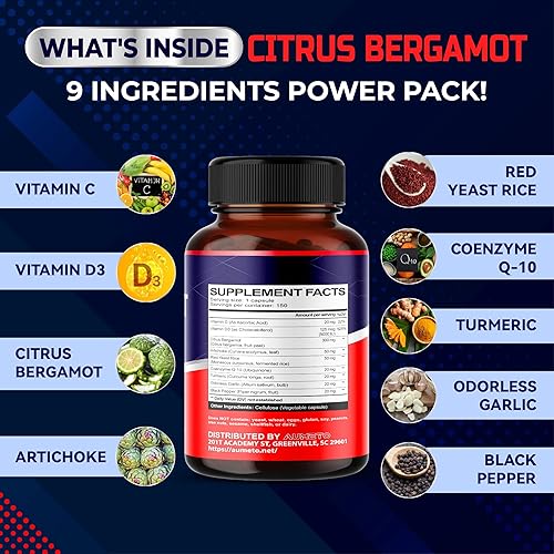 Miniatura 3 de Suplemento de bergamota cítrica con arroz de levadura roja, CoQ10, alcachofa, vitamina D3 - Apoya el bienestar general de la circulación y el